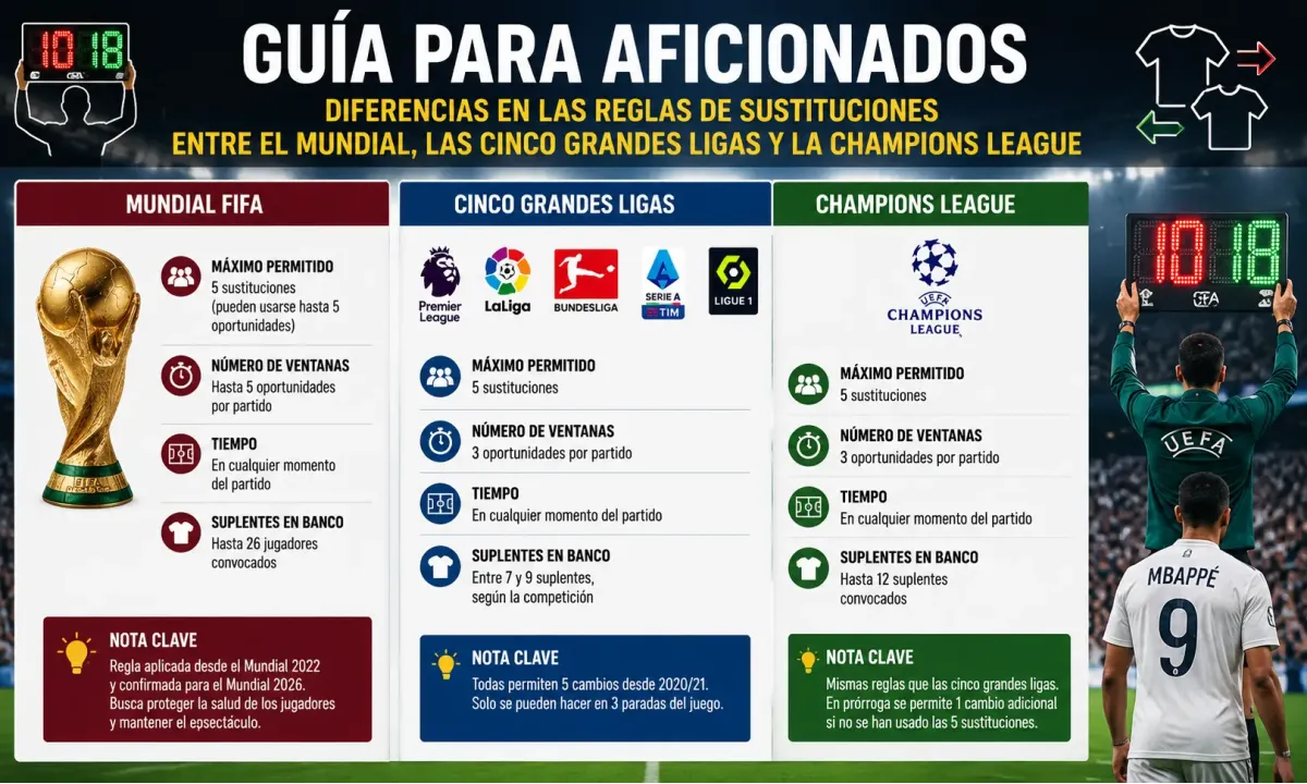Guía para aficionados: Diferencias en las reglas de sustituciones entre el Mundial, las cinco grandes ligas y la Champions League