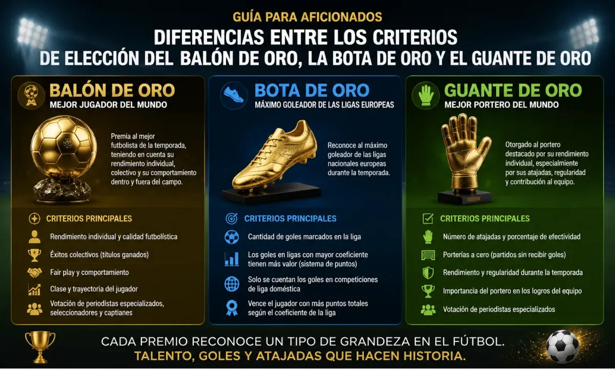 Guía para aficionados: diferencias entre los criterios de elección del Balón de Oro, la Bota de Oro y el Guante de Oro