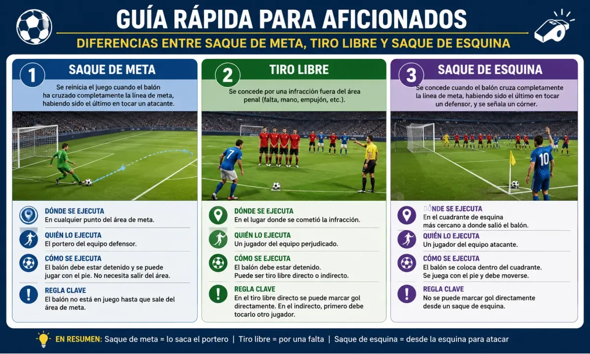 Guía rápida para aficionados: diferencias entre saque de meta, tiro libre y saque de esquina