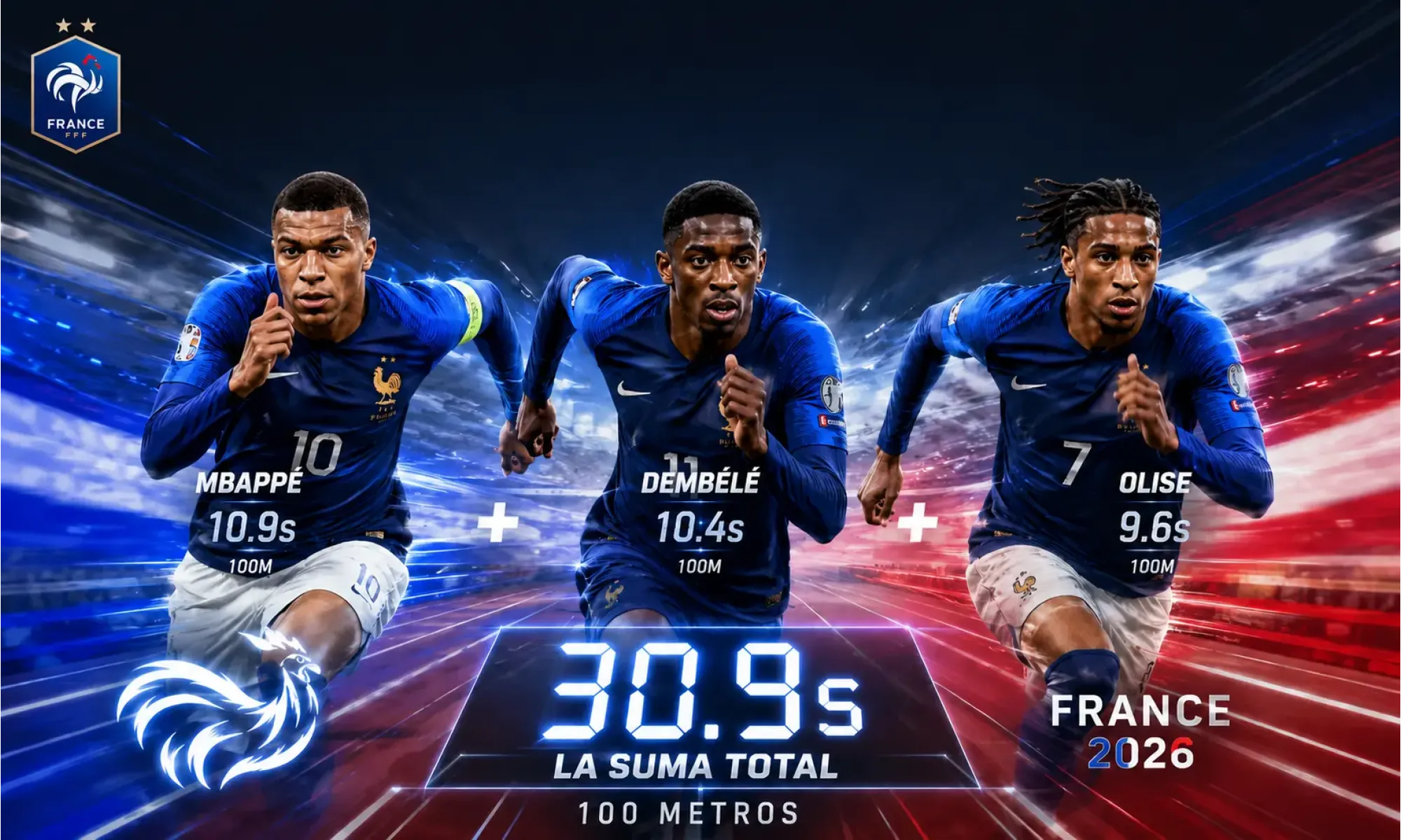 Mbappé + Dembélé + Olise: ¡la suma de sus 100 metros no llega a 31 segundos! El aterrador poderío de Francia en 2026