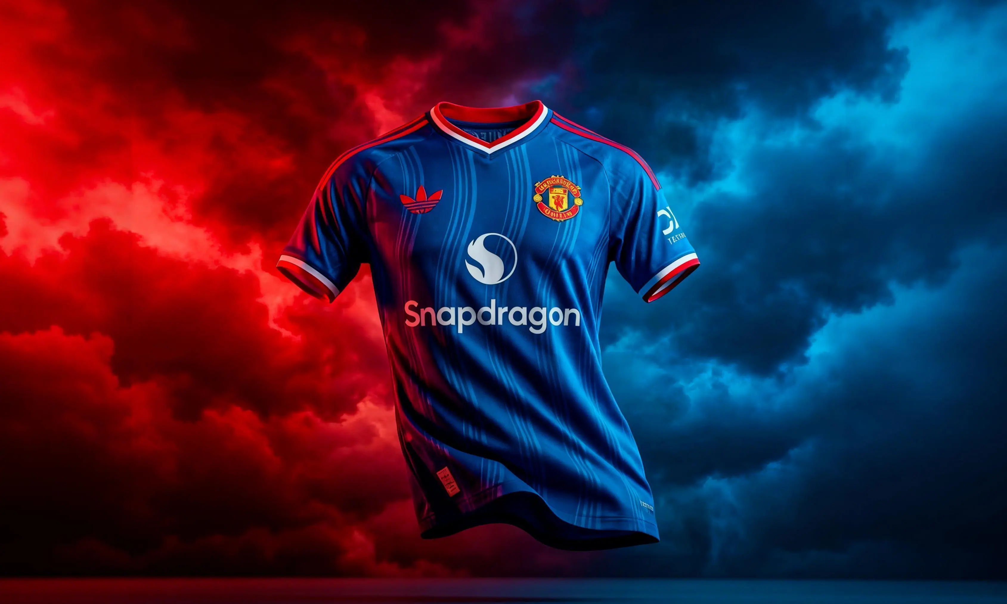 La visitante del United 2026-27: Adidas, azul marino y trébol.