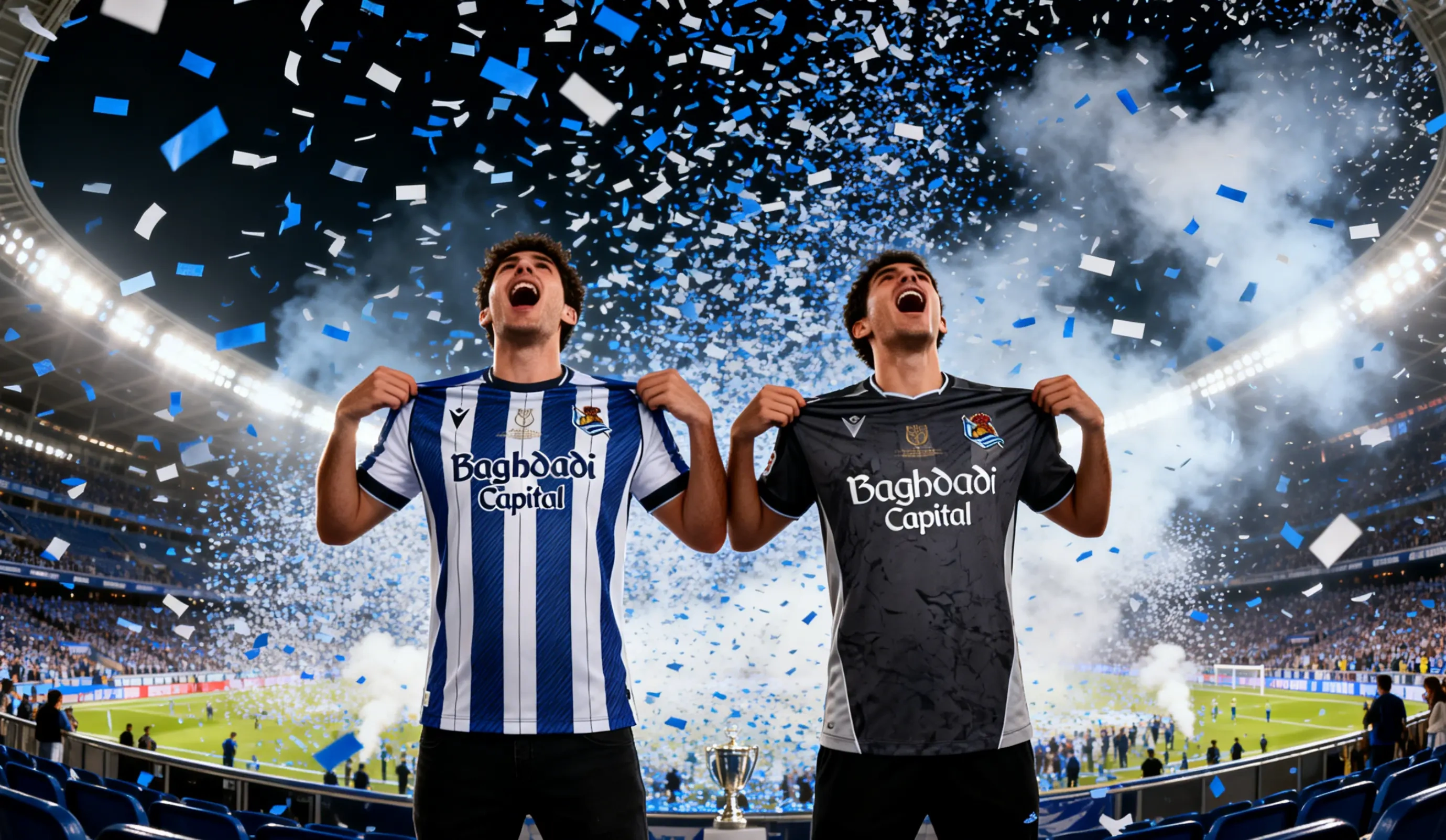 Aficionados vistiendo las camisetas de local y visitante de la Real Sociedad de la temporada 2025-26 para la Copa del Rey.