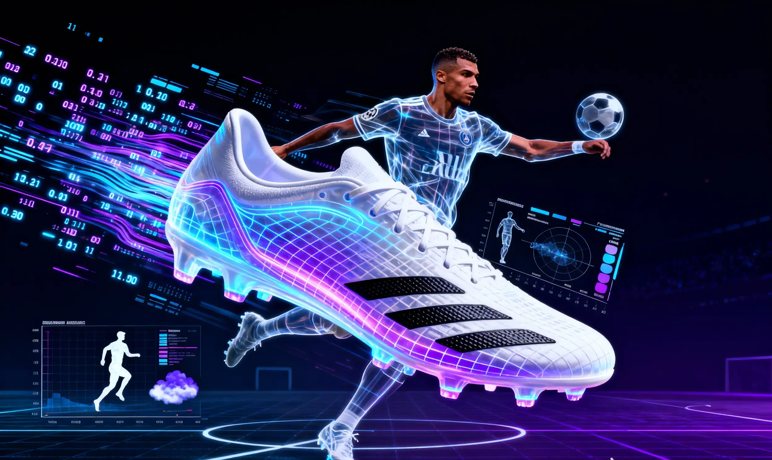 Botas futuristas: datos y estrellas en neón analizan biomecánica.
