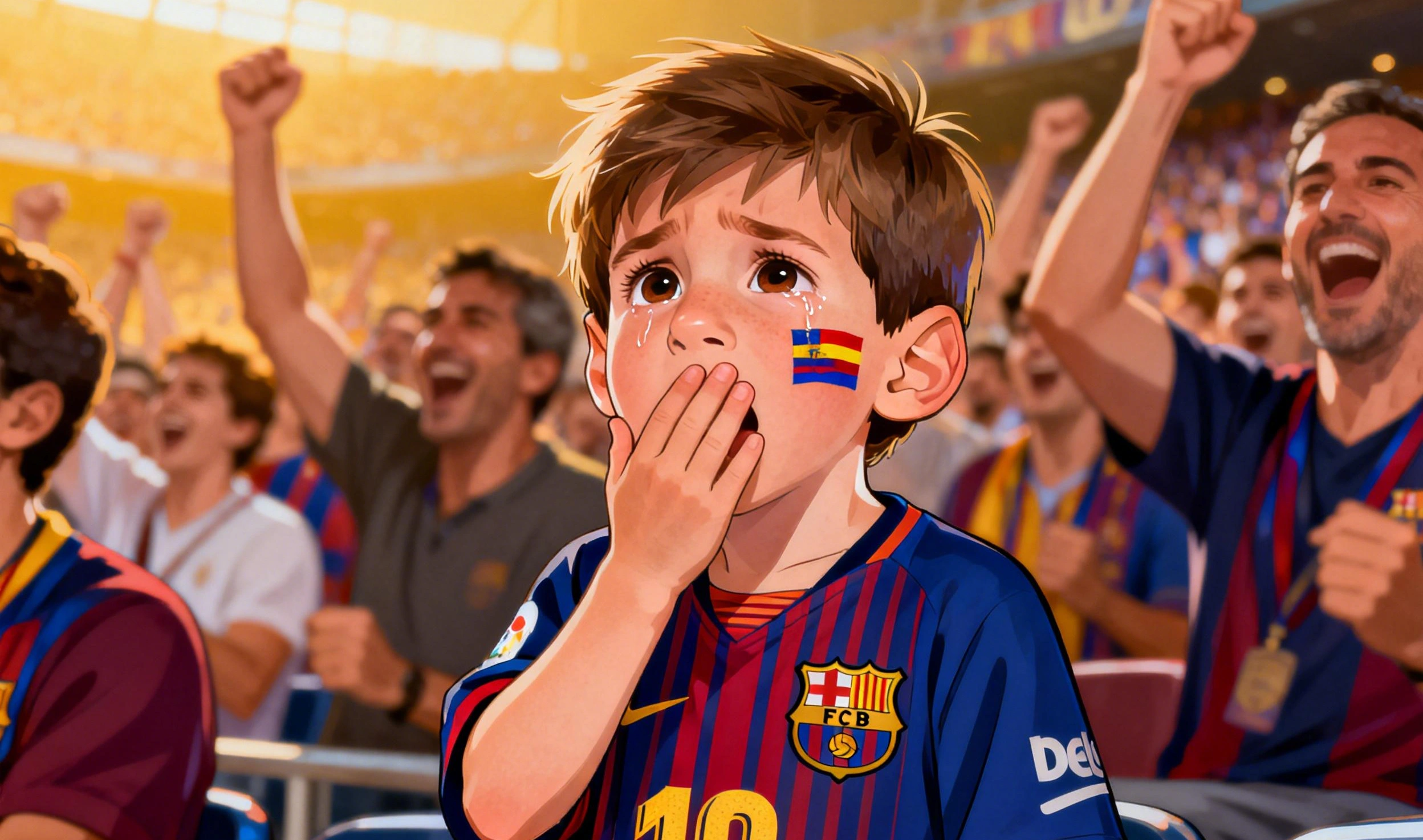Joven aficionado del FC Barcelona en las gradas durante la final de la Supercopa