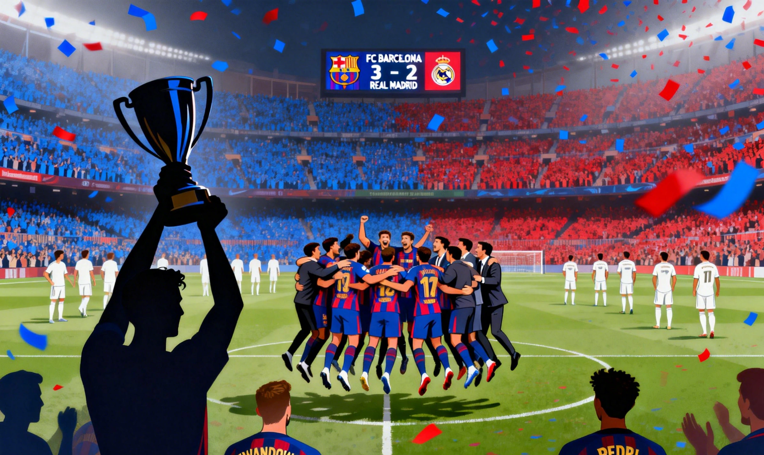 El equipo del FC Barcelona celebra en grupo tras ganar la Supercopa 2026