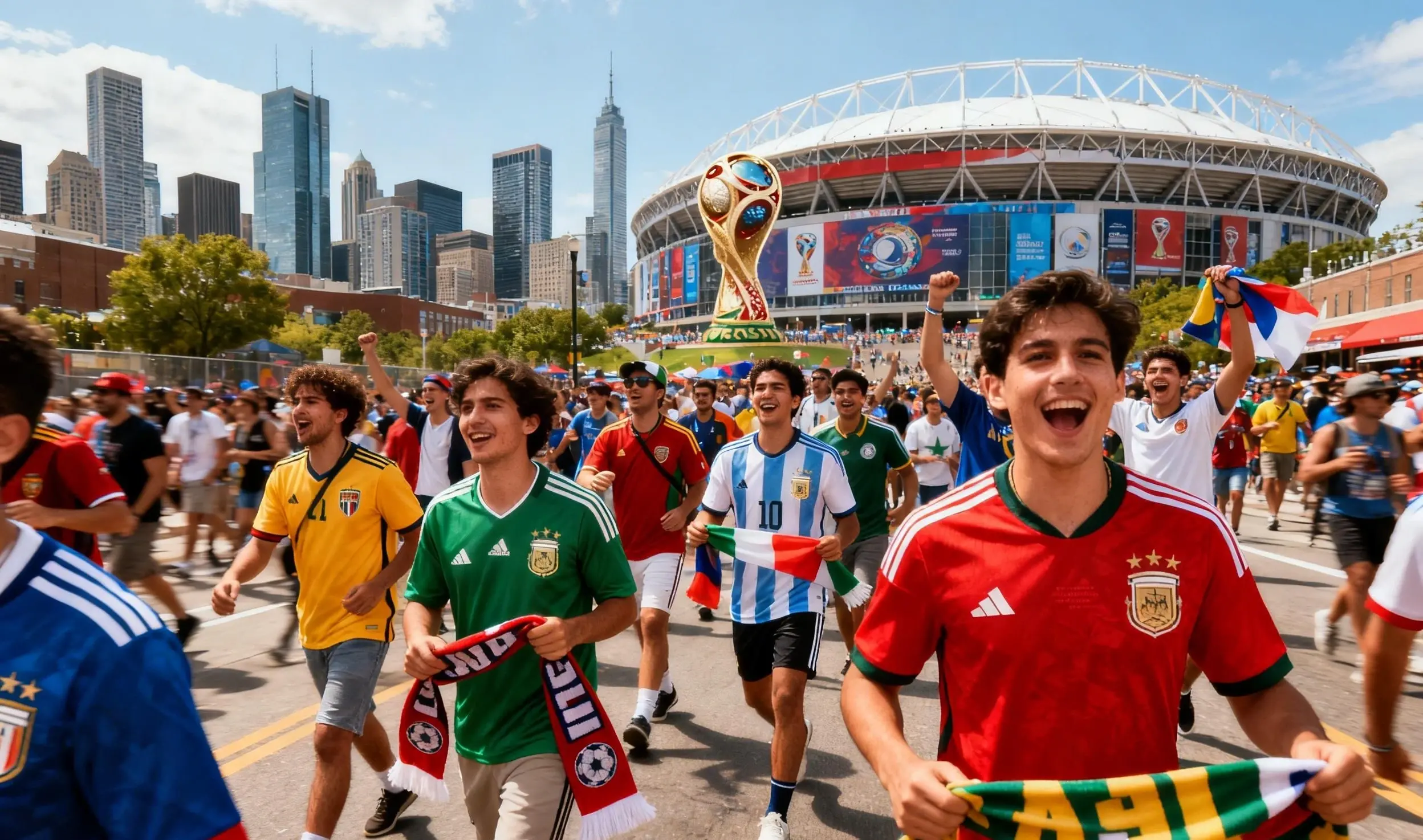 Aficionados con camisetas de distintas selecciones caminan con bufandas y banderas por ciudades norteamericanas.