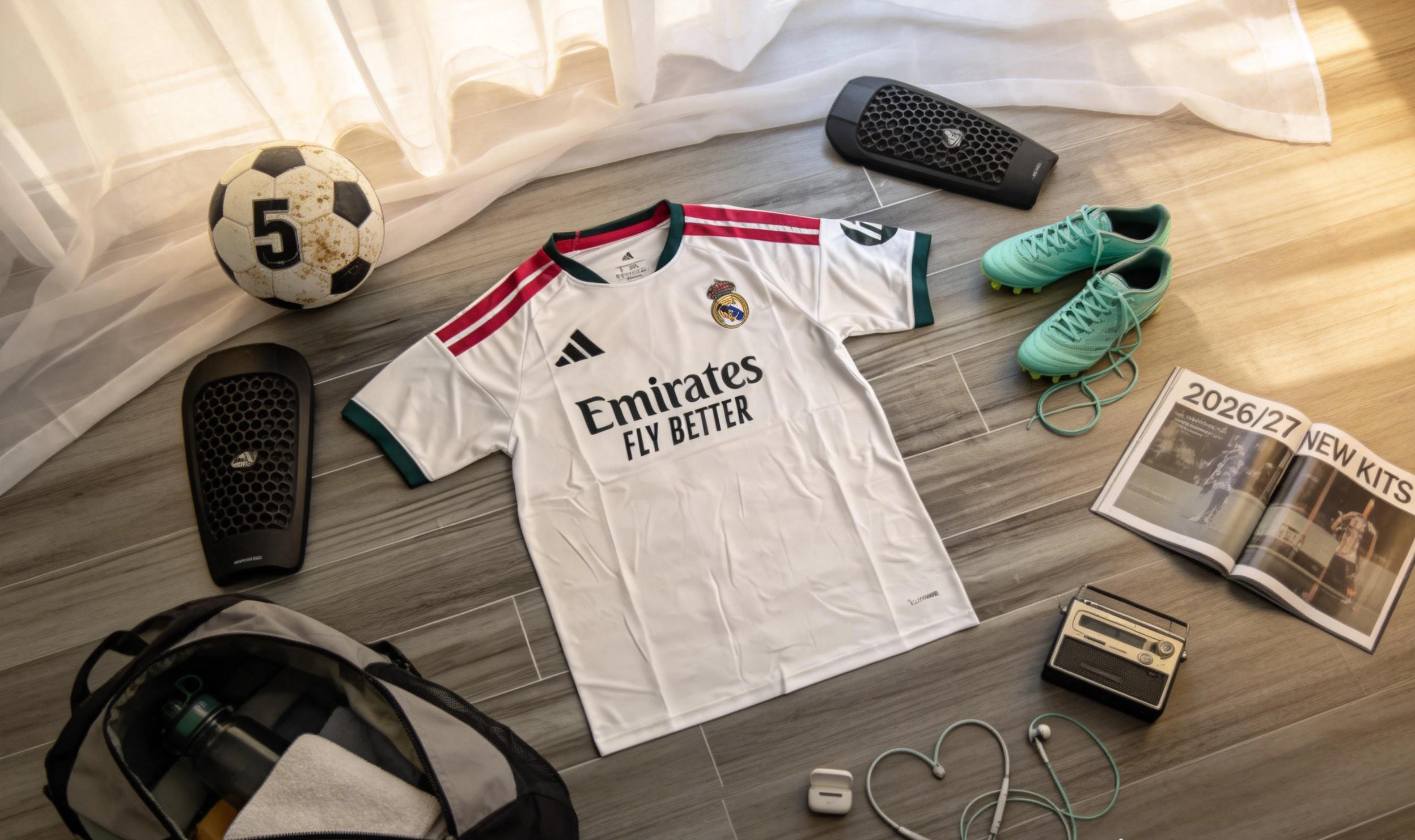 Camiseta local del Real Madrid 2026/27 sobre suelo de madera, diseño filtrado con detalles modernos y toques atrevidos