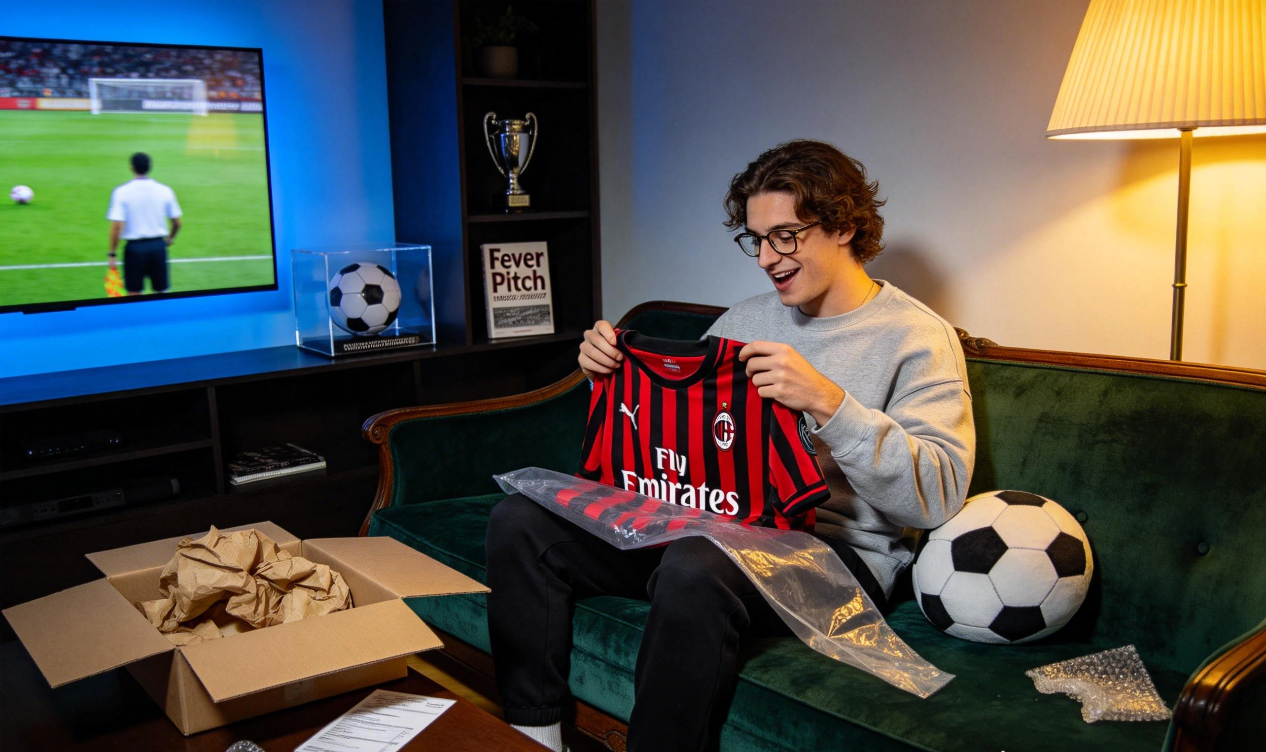 Aficionado sentado en un sofá sosteniendo la nueva camiseta del AC Milan 2026/27 edición retro, ambiente nostálgico