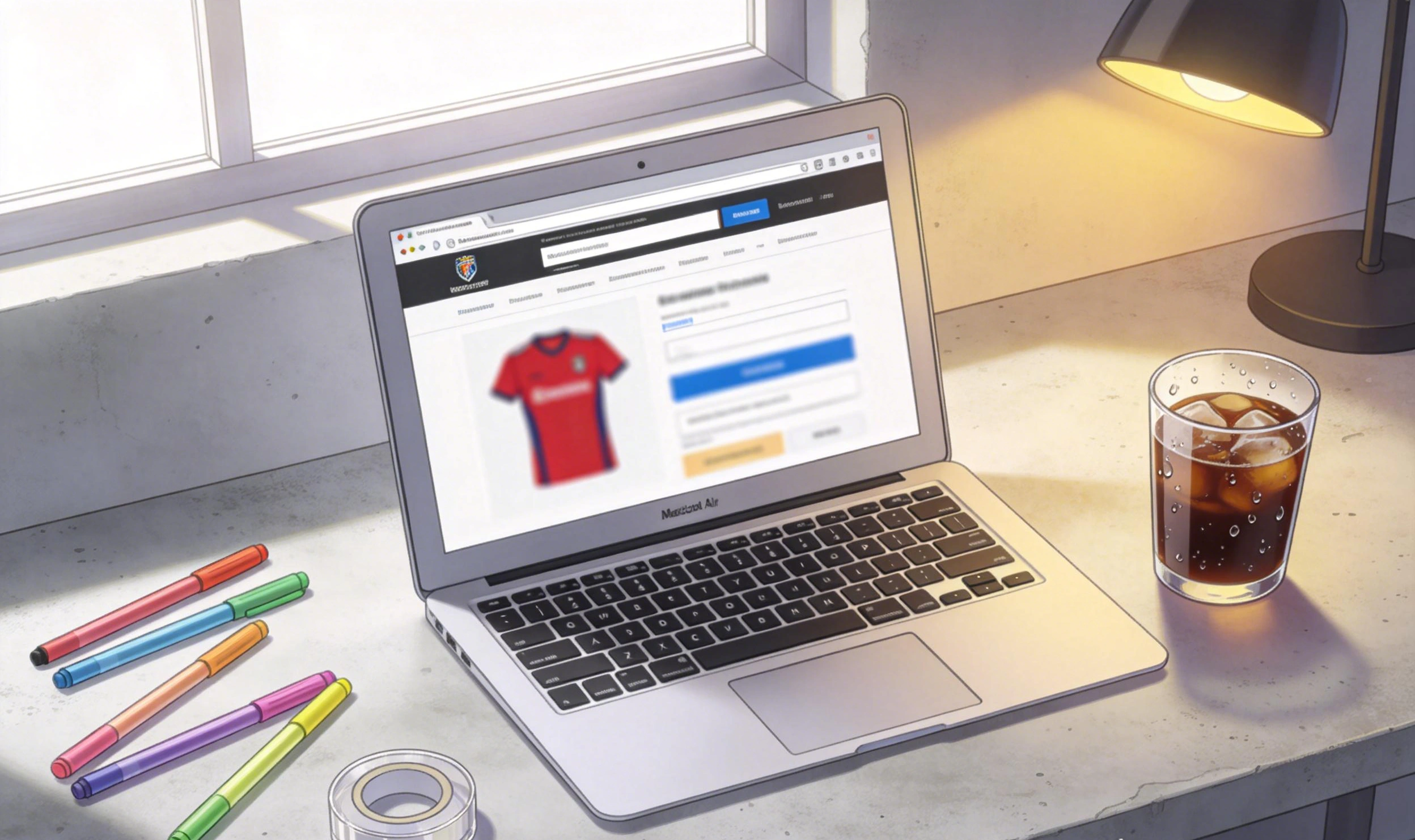 MacBook Air plateado mostrando una página web de reserva de camisetas de fútbol, interfaz moderna de preventa