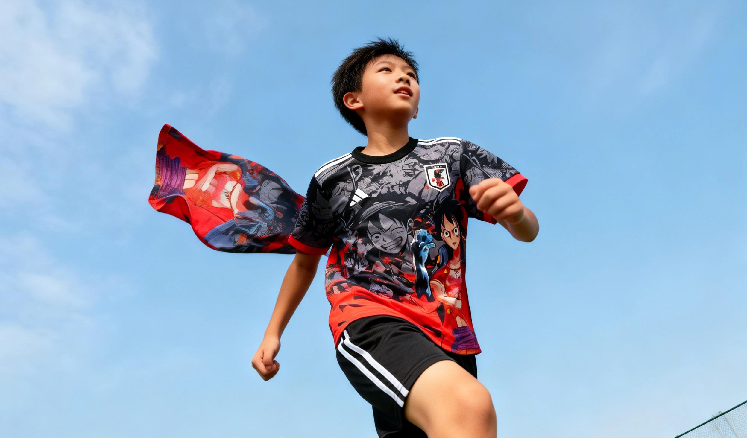 Niño corriendo en un campo de fútbol con la camiseta de Japón estilo One Piece ondeando al viento, momento dinámico lleno de energía