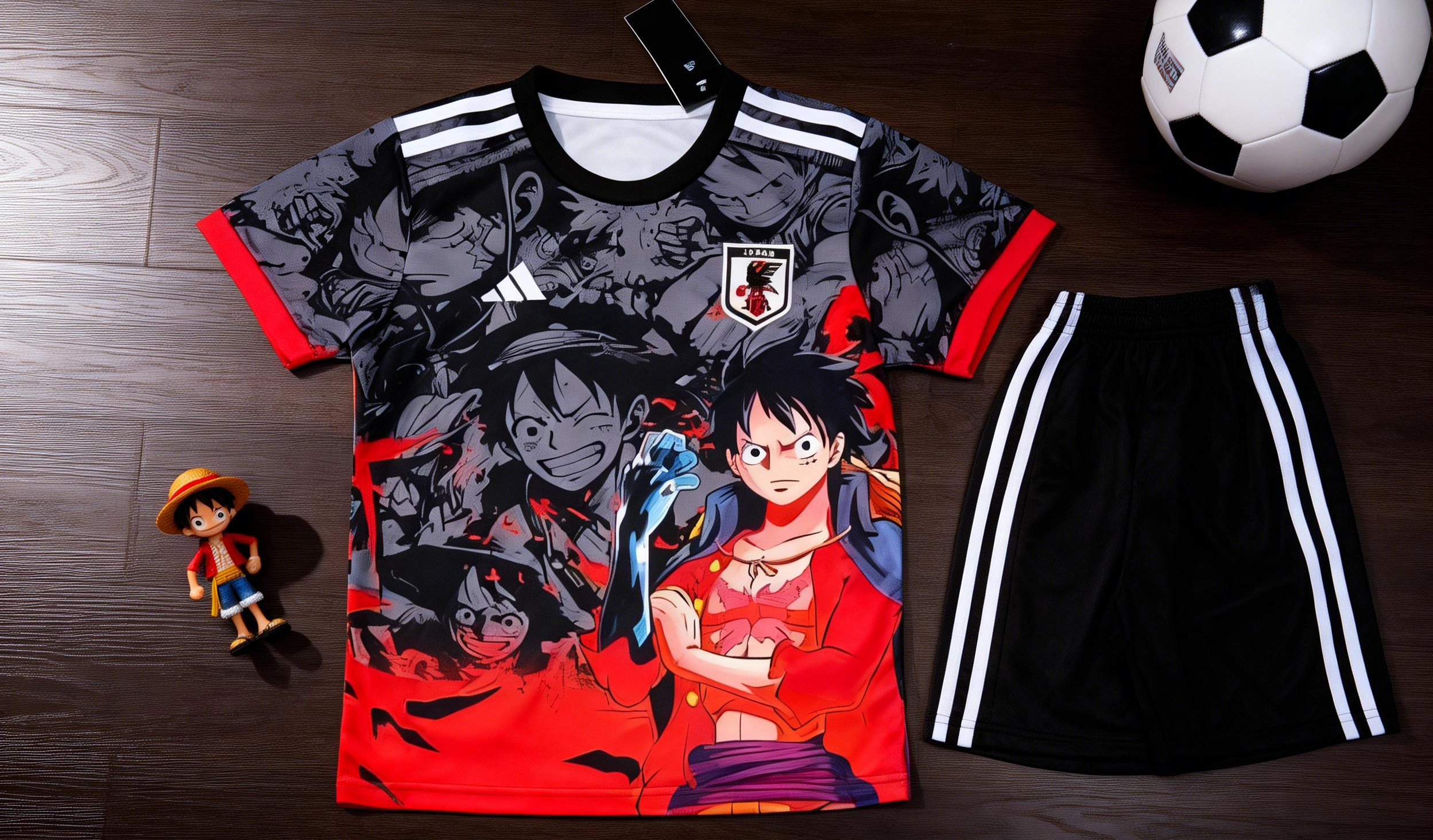 Camiseta de Japón One Piece totalmente extendida sobre suelo de madera oscura, acompañada de una figura de Luffy y un balón de fútbol