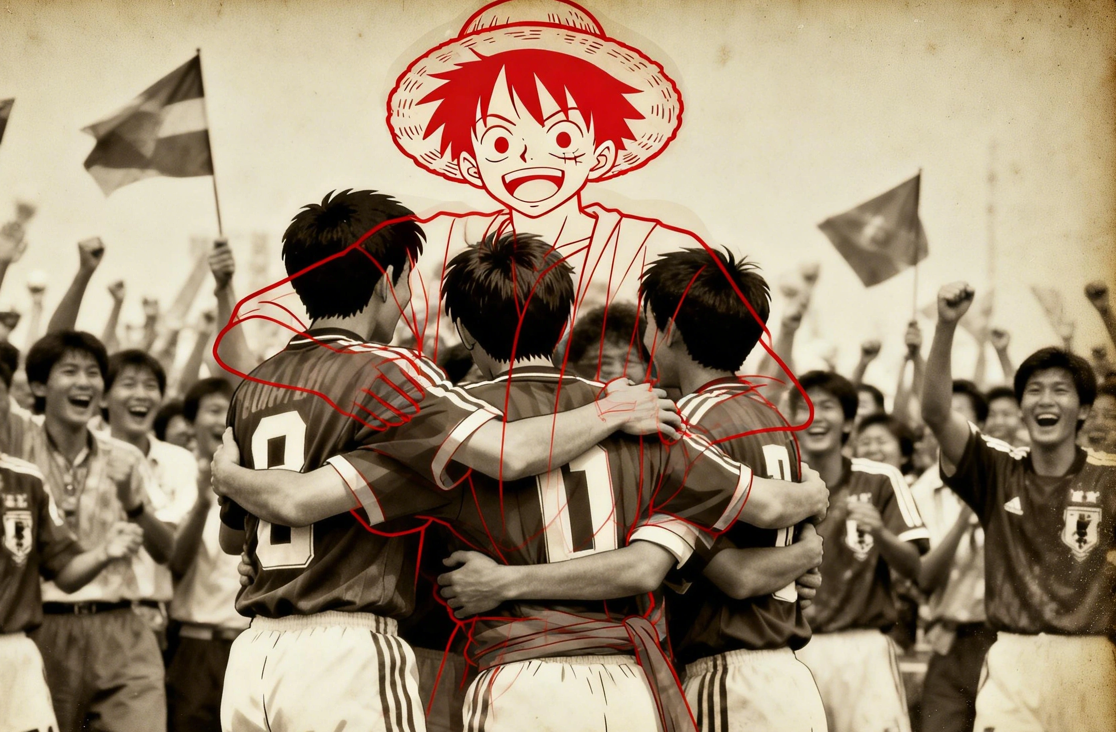 Selección de fútbol de Japón celebrando su primera clasificación al Mundial de Francia 1998, imagen histórica llena de emoción y orgullo