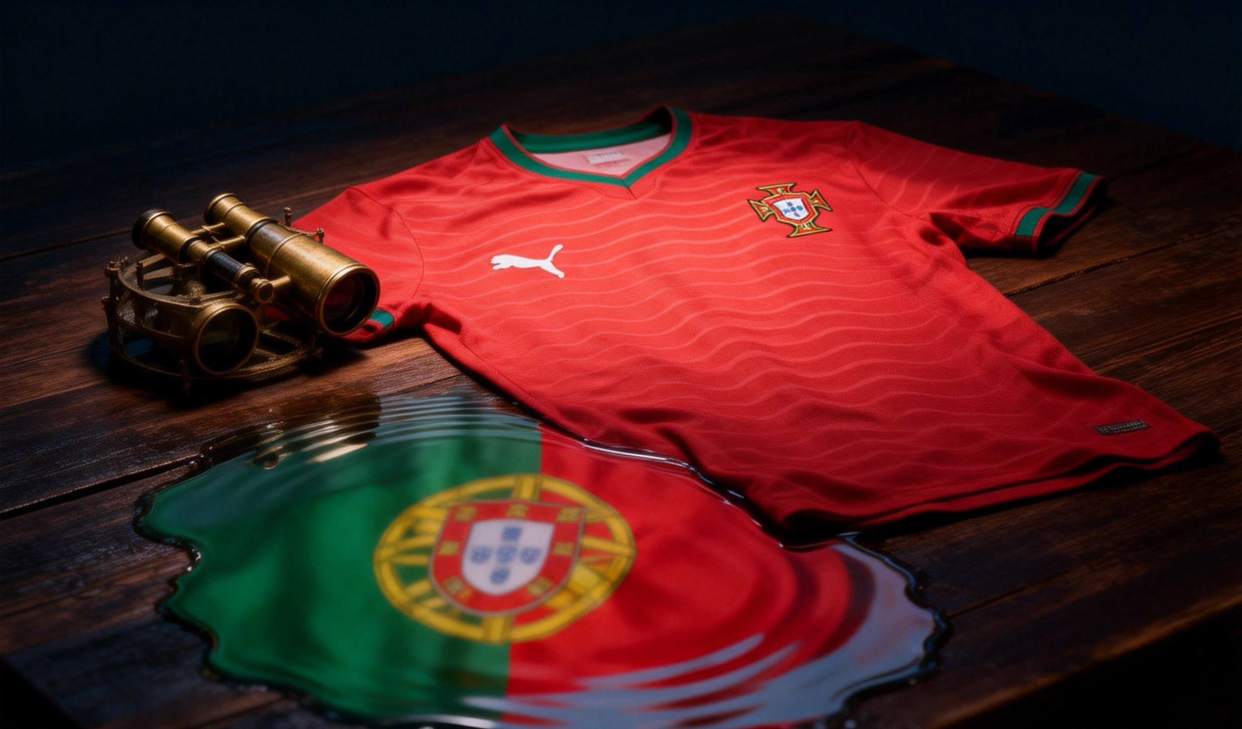 Camiseta Portugal 2026 con telescopio náutico - temática marítima y reflejo de la bandera