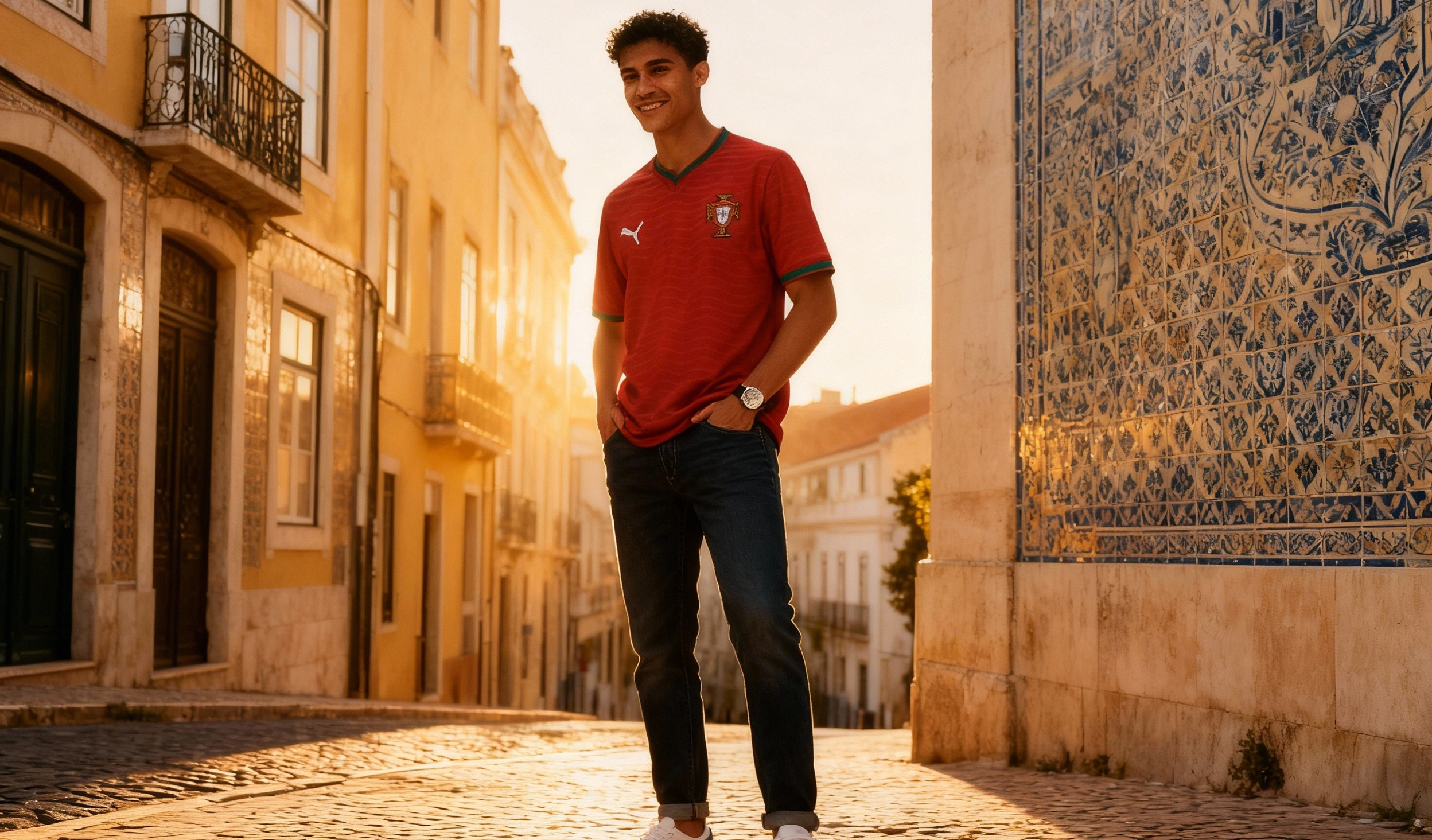 Modelo vistiendo camiseta Portugal 2026 en entorno urbano - demostración de estilo casual