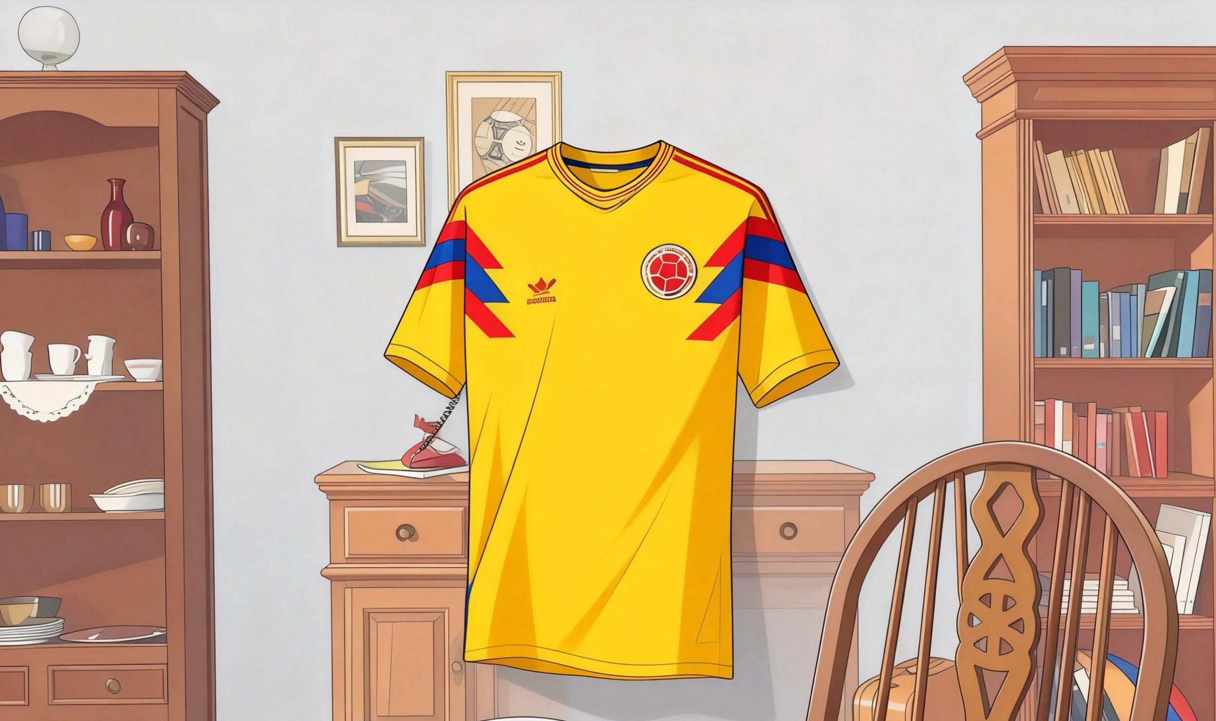 Camiseta retro Colombia 1990 de Adidas suspendida en fondo neutro