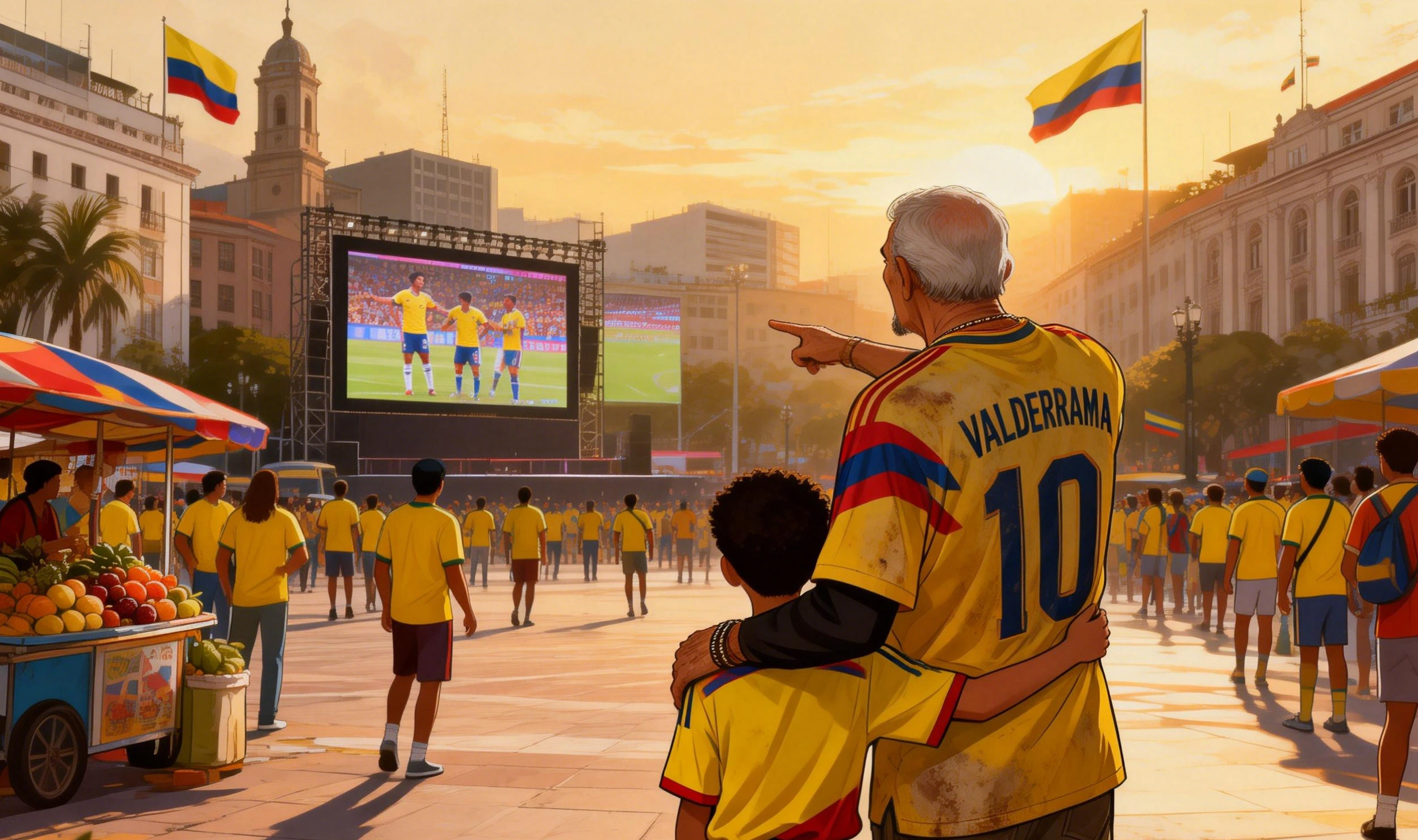 Fans colombianos de diferentes edades reunidos en una plaza pública