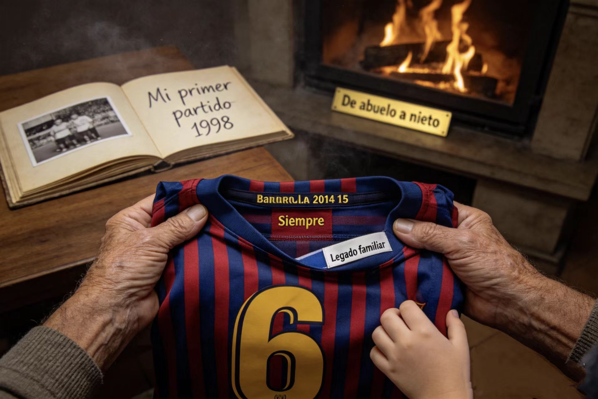 Manos de un anciano y un niño sostienen juntos la camiseta del FC Barcelona 2014-15, símbolo de legado