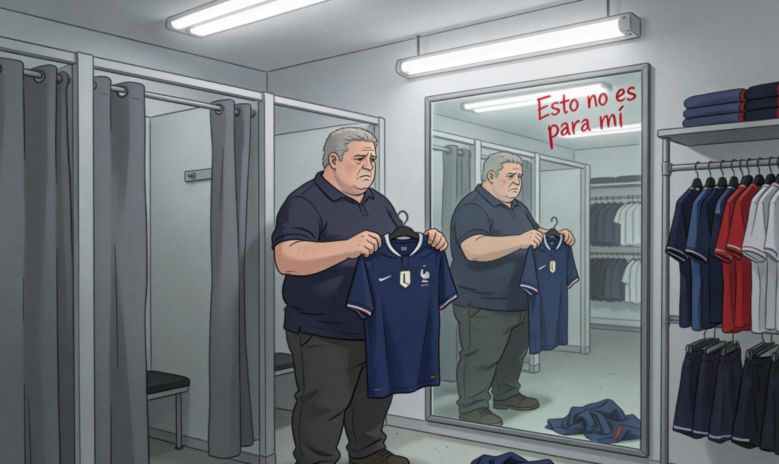 Hombre de complexión grande mirándose en el espejo del probador con camiseta de Francia talla L, expresión de frustración y tristeza