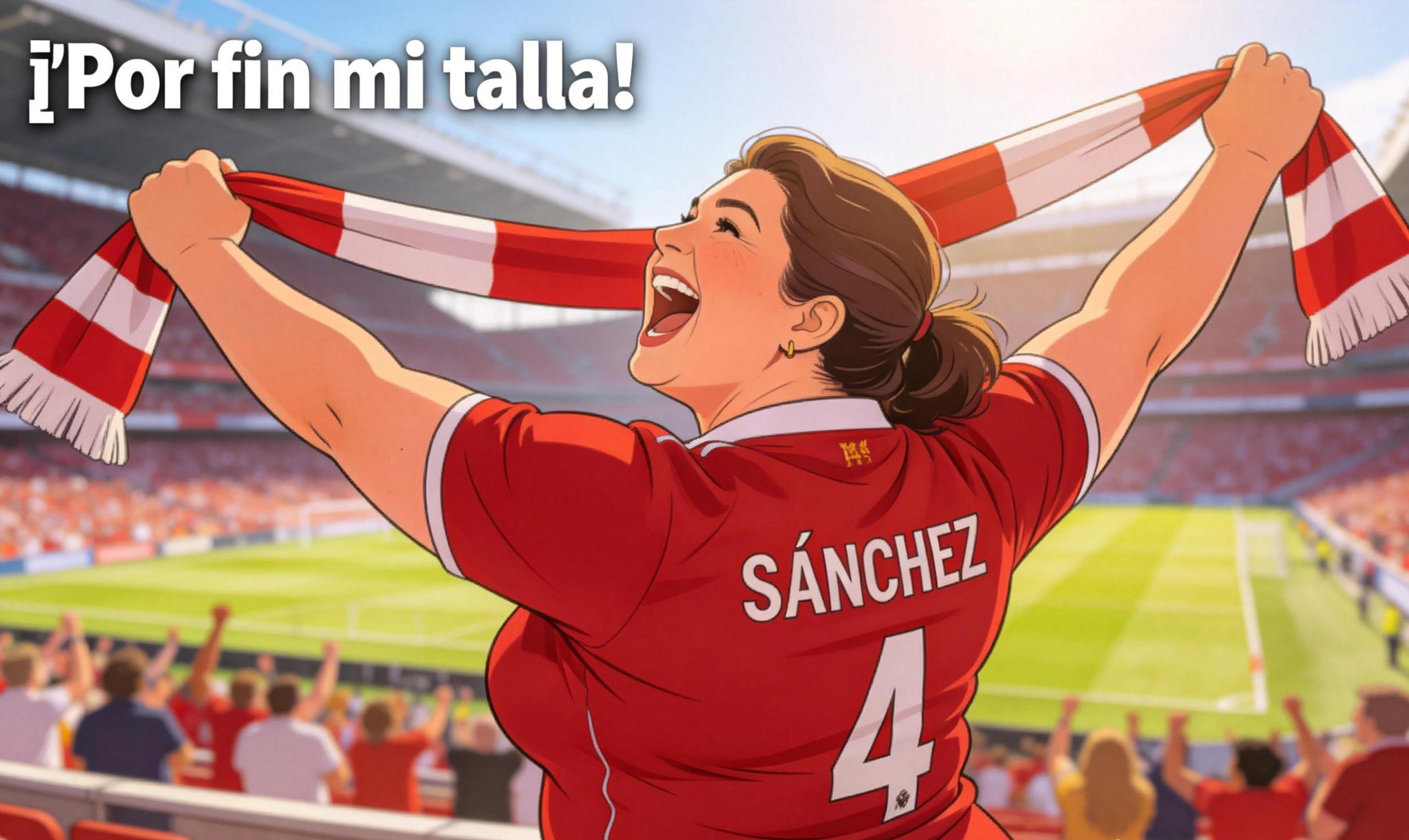 Mujer con cuerpo voluptuoso vistiendo camiseta roja de Liverpool talla 4XL, levantando una bufanda roja y blanca, riendo a carcajadas con emoción y orgullo