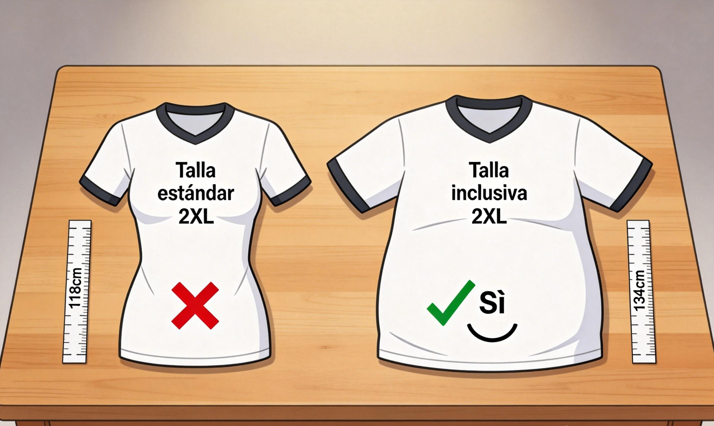 Dos camisetas de fútbol blancas extendidas sobre una mesa de madera, mostrando la diferencia de talla y corte para comparar