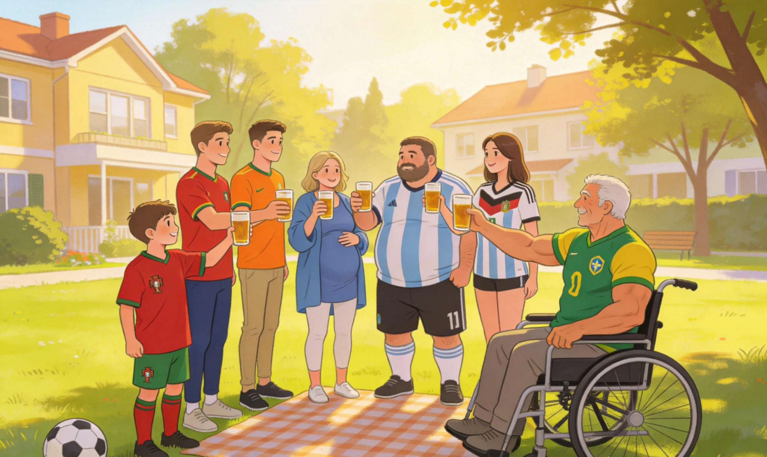 Siete aficionados de distintas edades y tallas corporales, vestidos con camisetas de fútbol, formando un semicírculo y levantando sus vasos en celebración