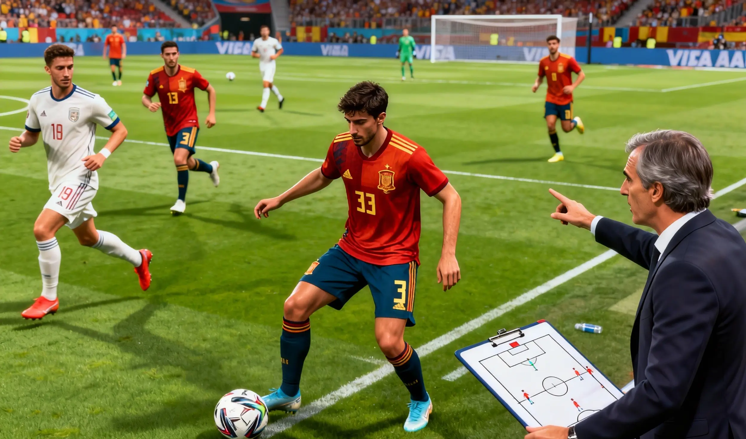 España 4-3-3 controlando el balón con el entrenador dirigiendo desde la banda.