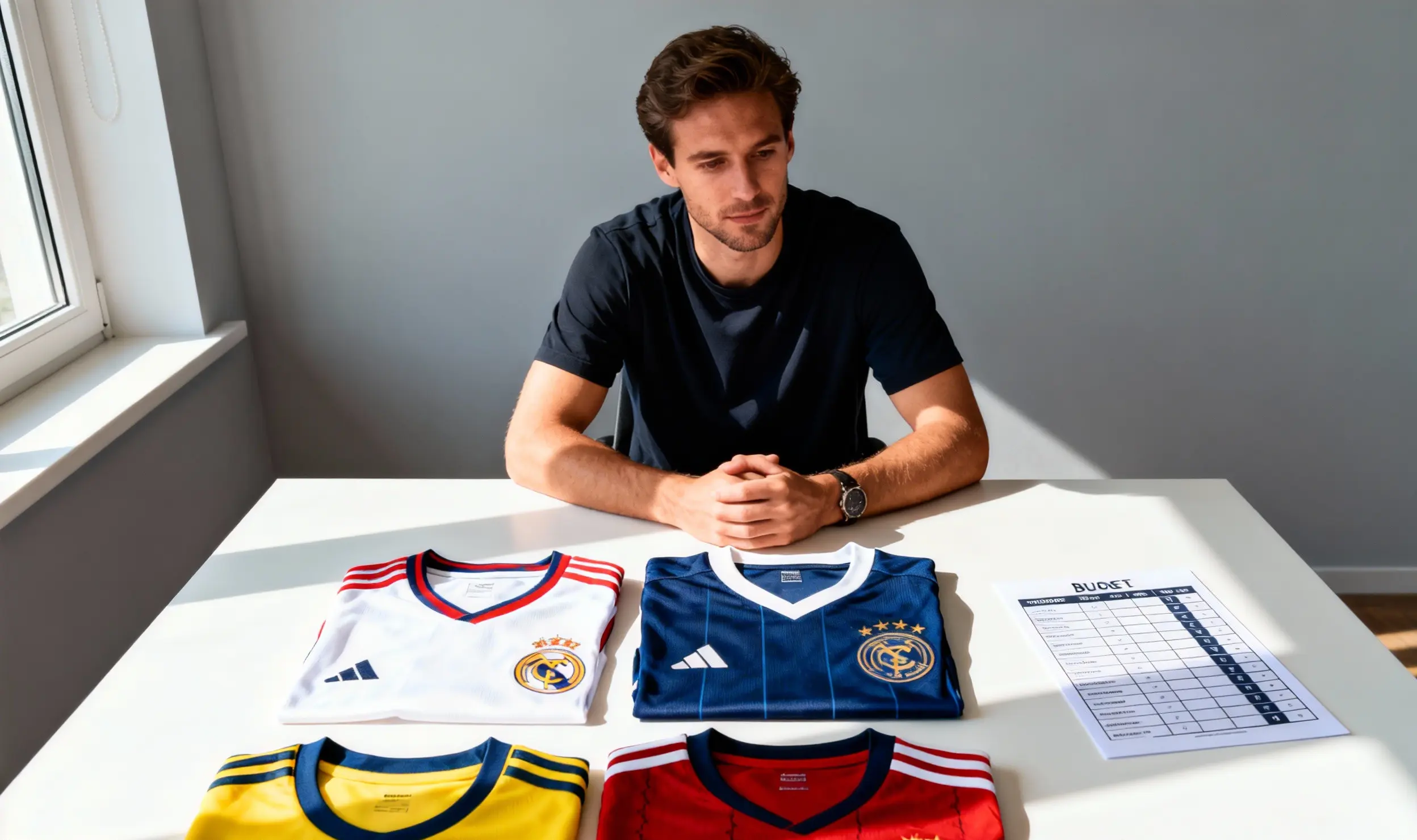Un comprador compara camisetas en la mesa antes de decidir.