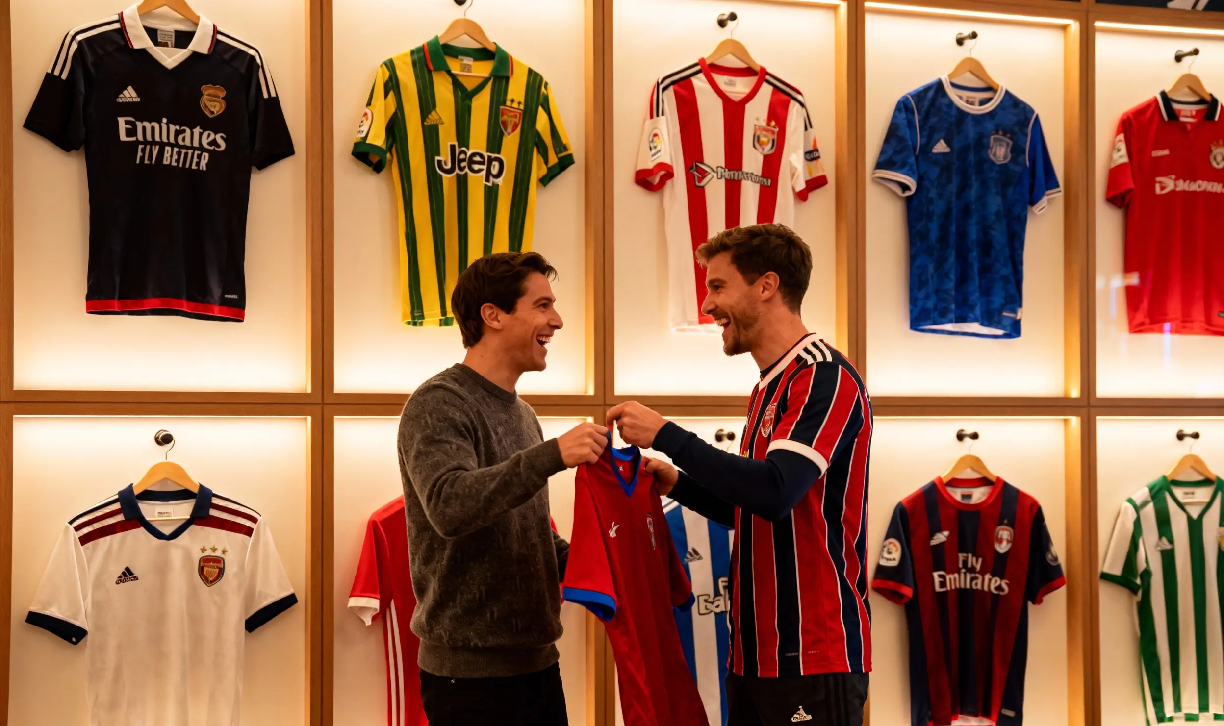 Dos aficionados intercambian camisetas frente a una pared de exhibición.