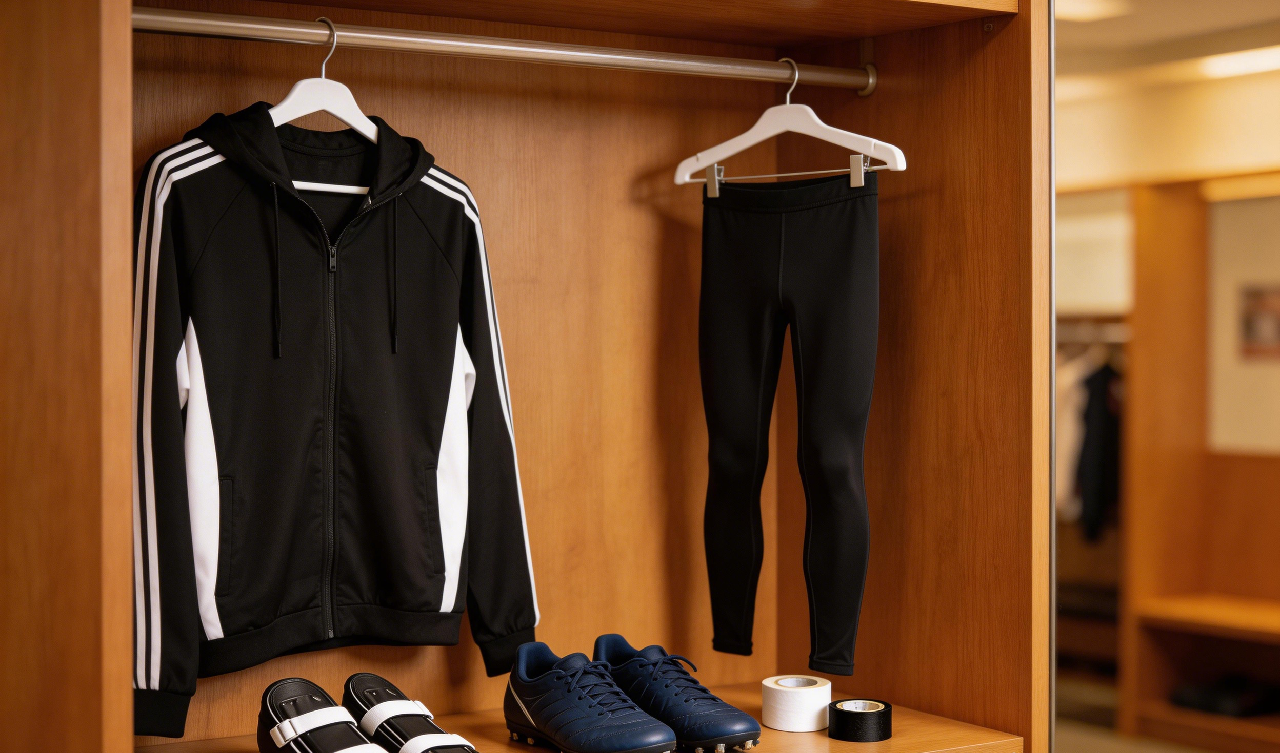 Vestuario con equipación de recuperación: cuelga una chaqueta de entrenamiento y un pantalón de compresión, junto a espinilleras, botas y vendaje.