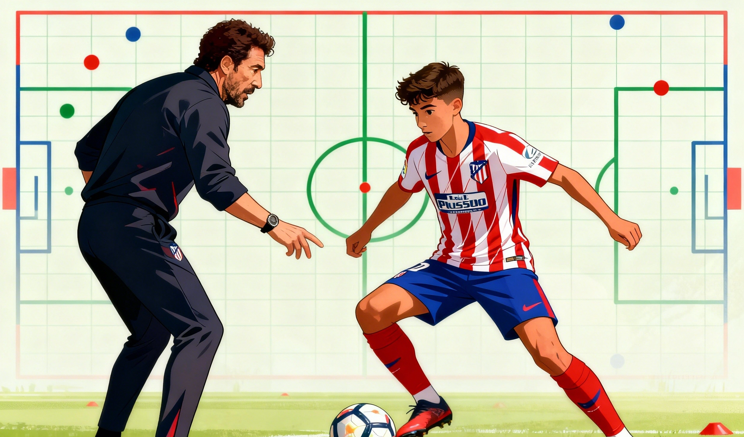 jugadores entrenan defensa y pases con Simeone guiando