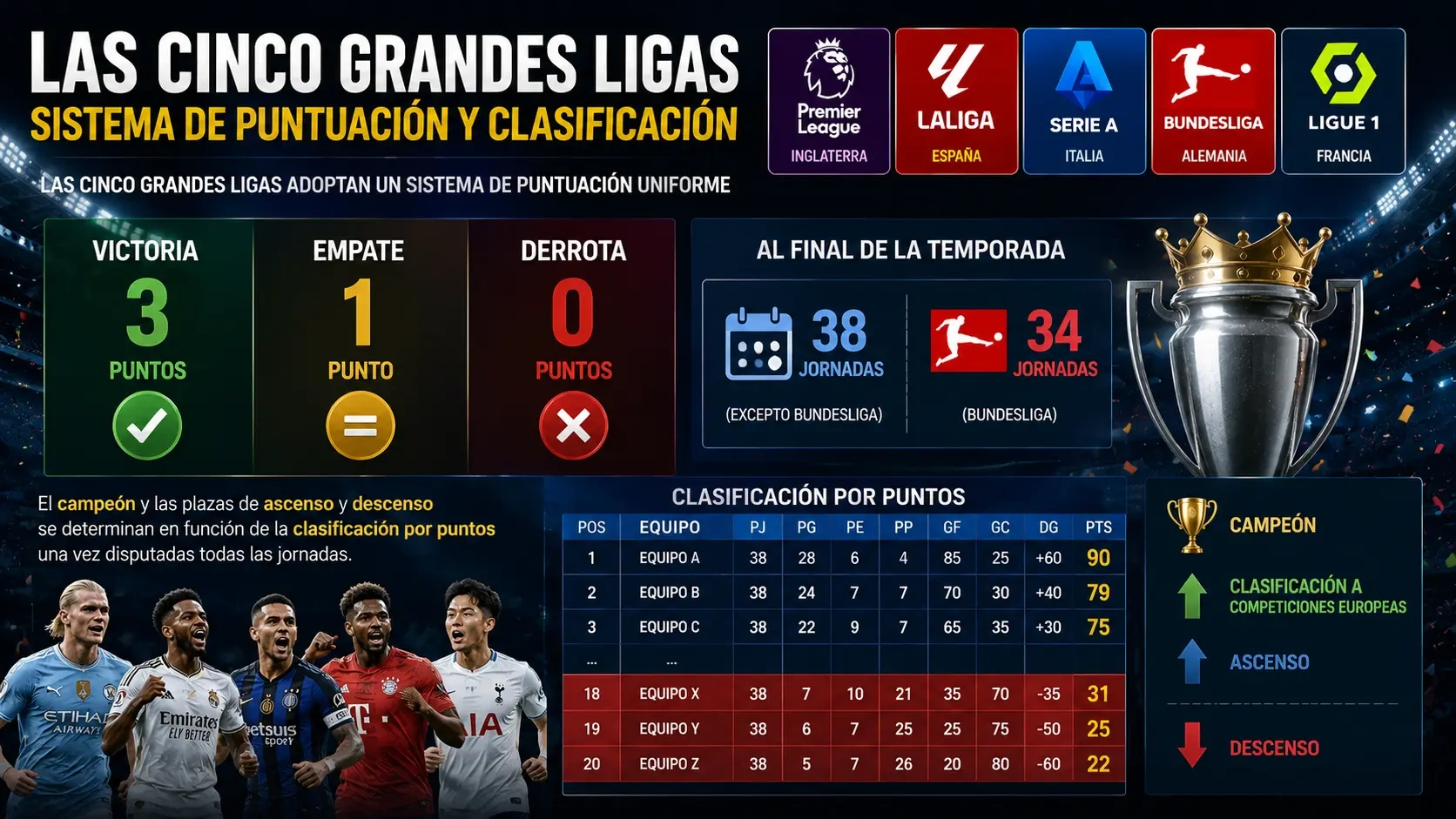 Las cinco grandes ligas adoptan todas el mismo sistema de puntuación.
