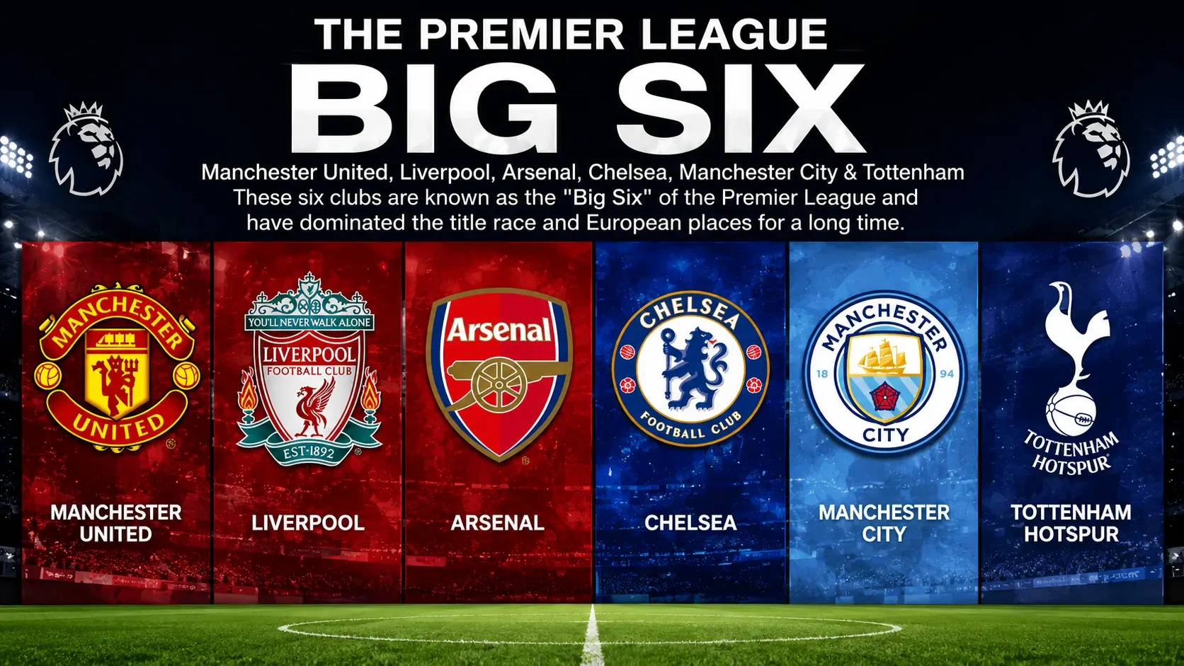 Seis equipos representativos de la Premier League de Inglaterra.
