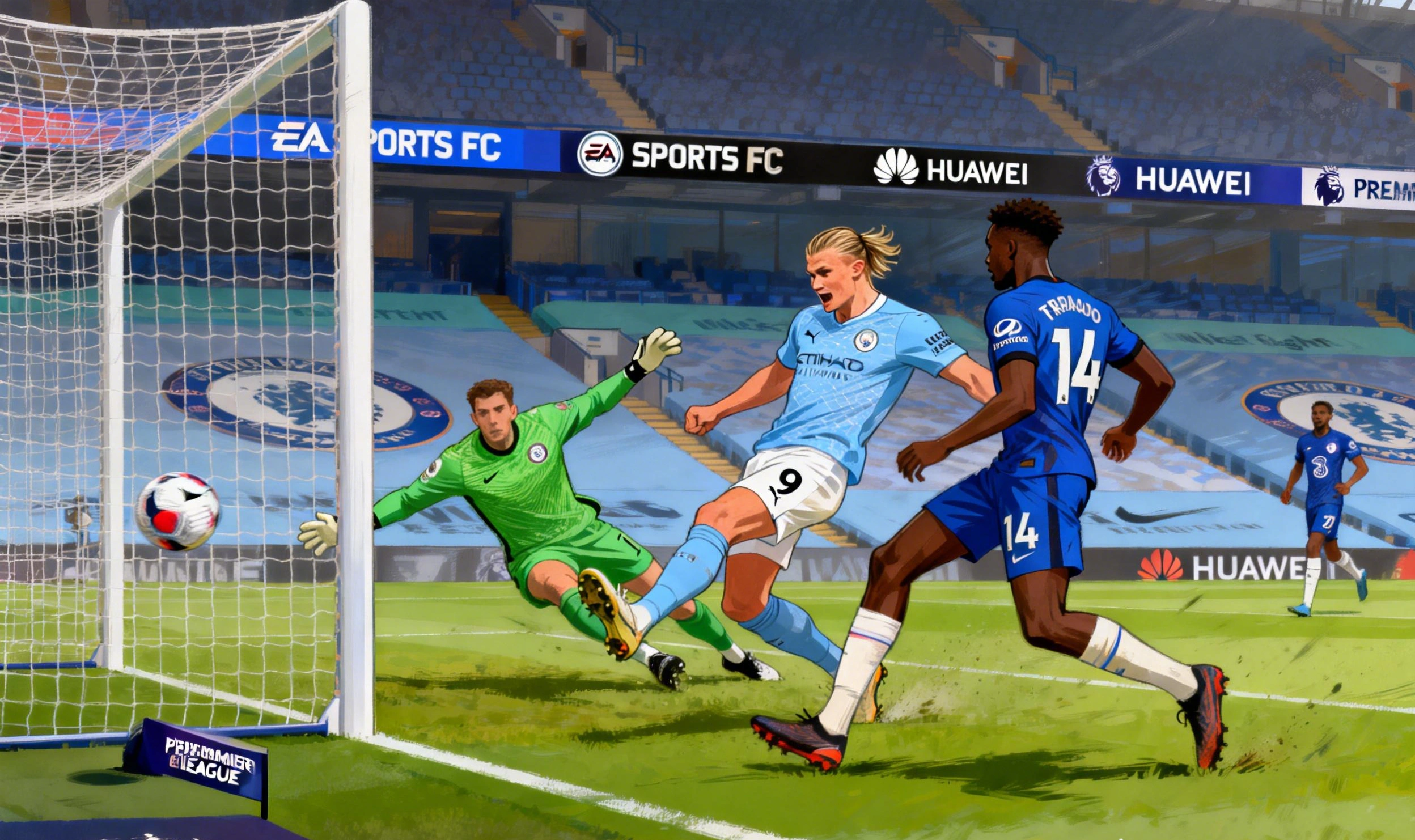 Erling Haaland del Manchester City dispara y golpea el poste durante el partido contra el Chelsea