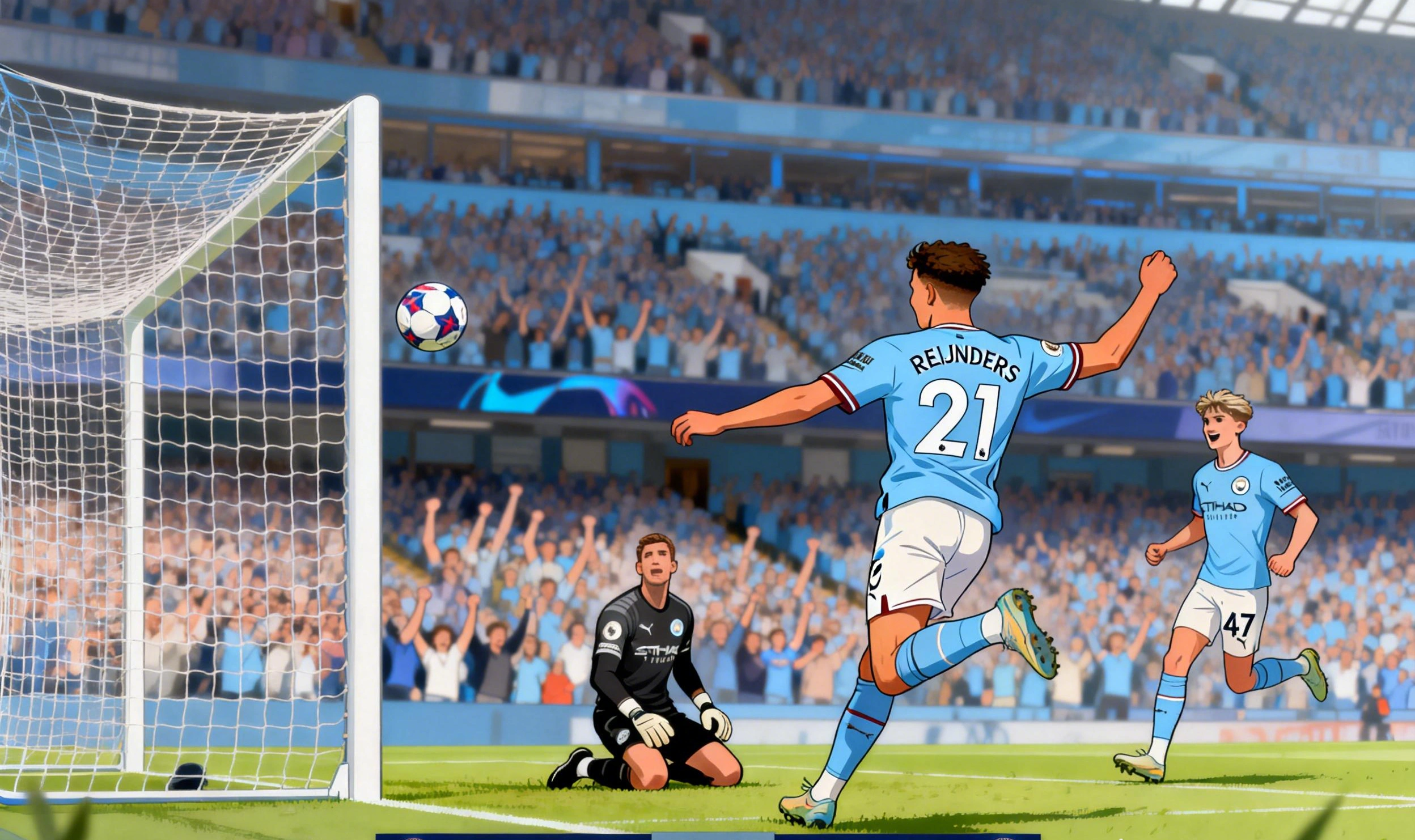 Tijjani Reijnders del Manchester City celebra su gol ante el Chelsea en el minuto 42