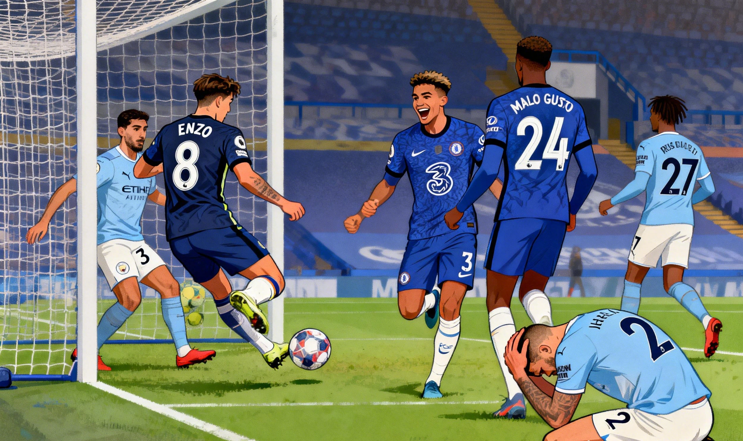 Enzo Fernández del Chelsea celebra su gol de empate en el minuto 94 frente al Manchester City