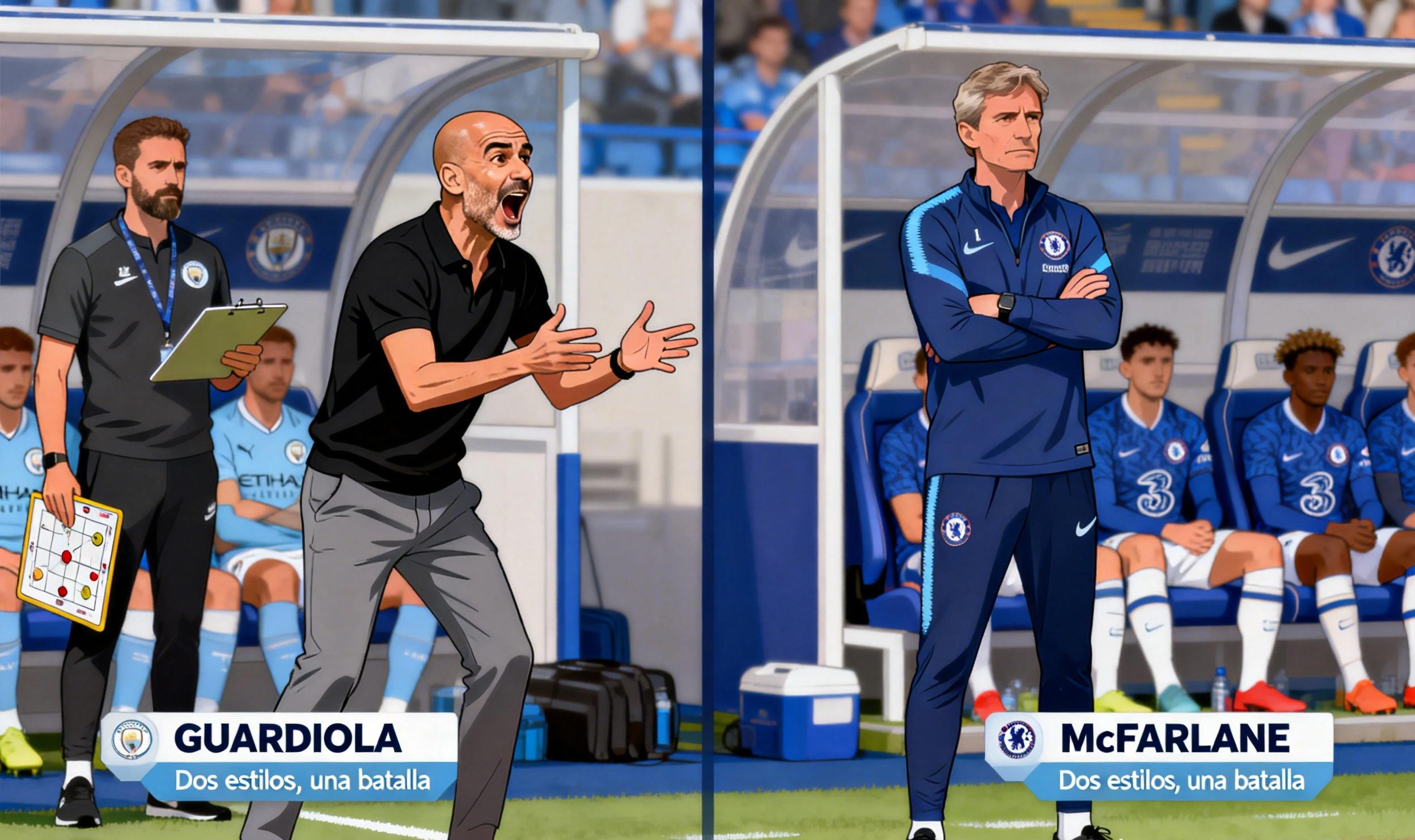 Pep Guardiola del Manchester City y John McFarlane del Chelsea en los banquillos durante el partido