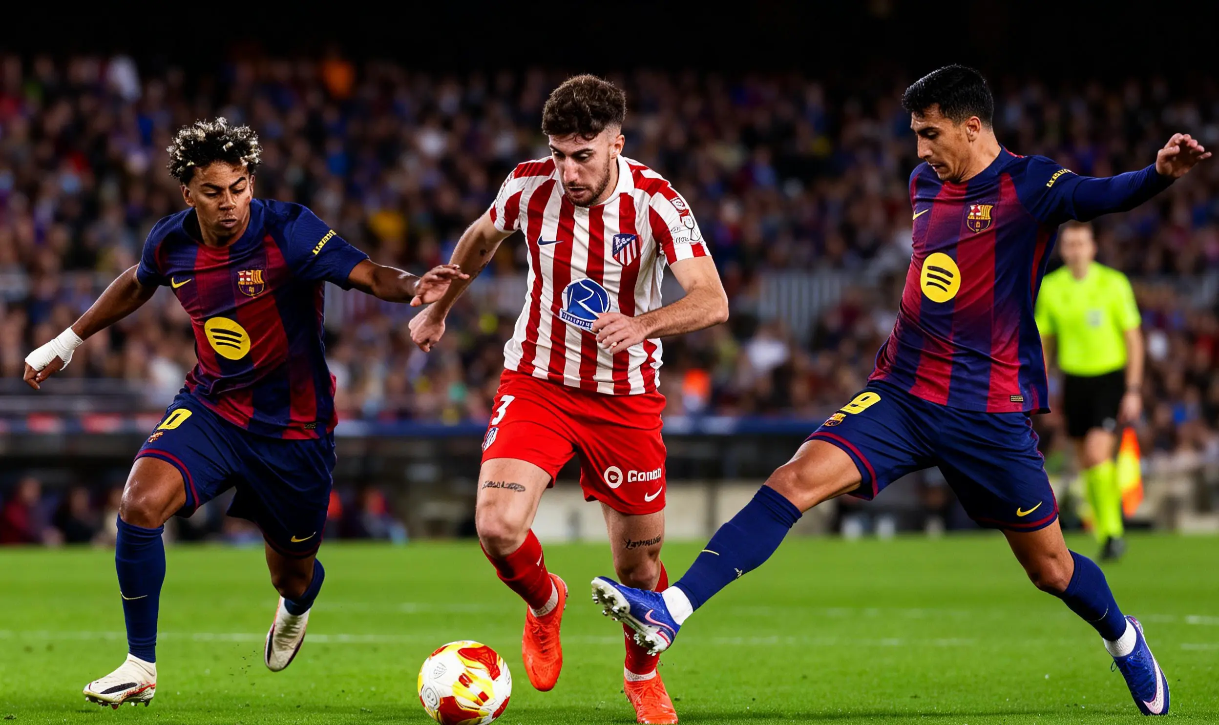 Yamal, vistiendo la camiseta del Barça, avanza con el balón por la banda izquierda.
