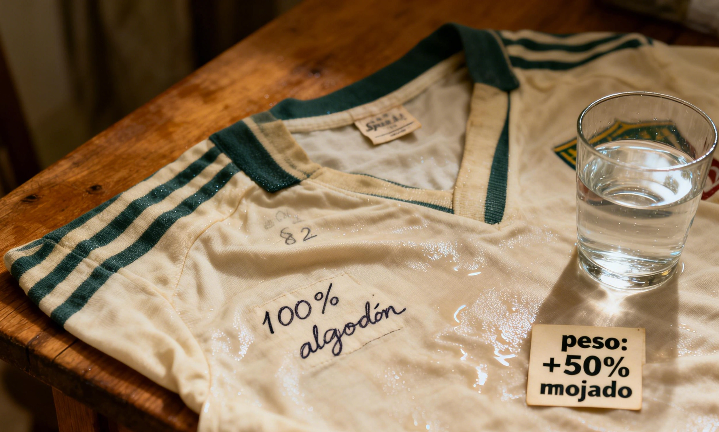 Camiseta de algodón de los años 80, mojada, con etiqueta que indica 100% algodón y peso aumentado un 50% al mojarse