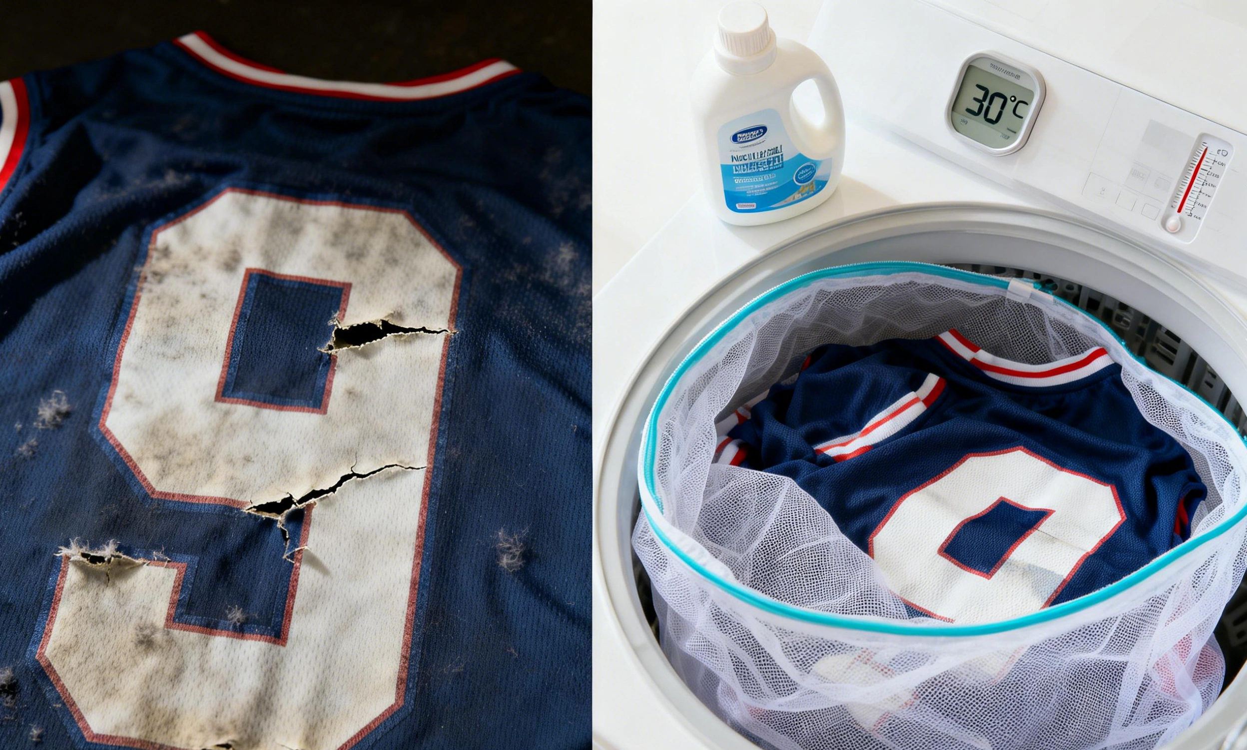 Comparación del lavado correcto e incorrecto: izquierda camiseta dañada, derecha camiseta protegida en bolsa con detergente neutro y termómetro de 30°C