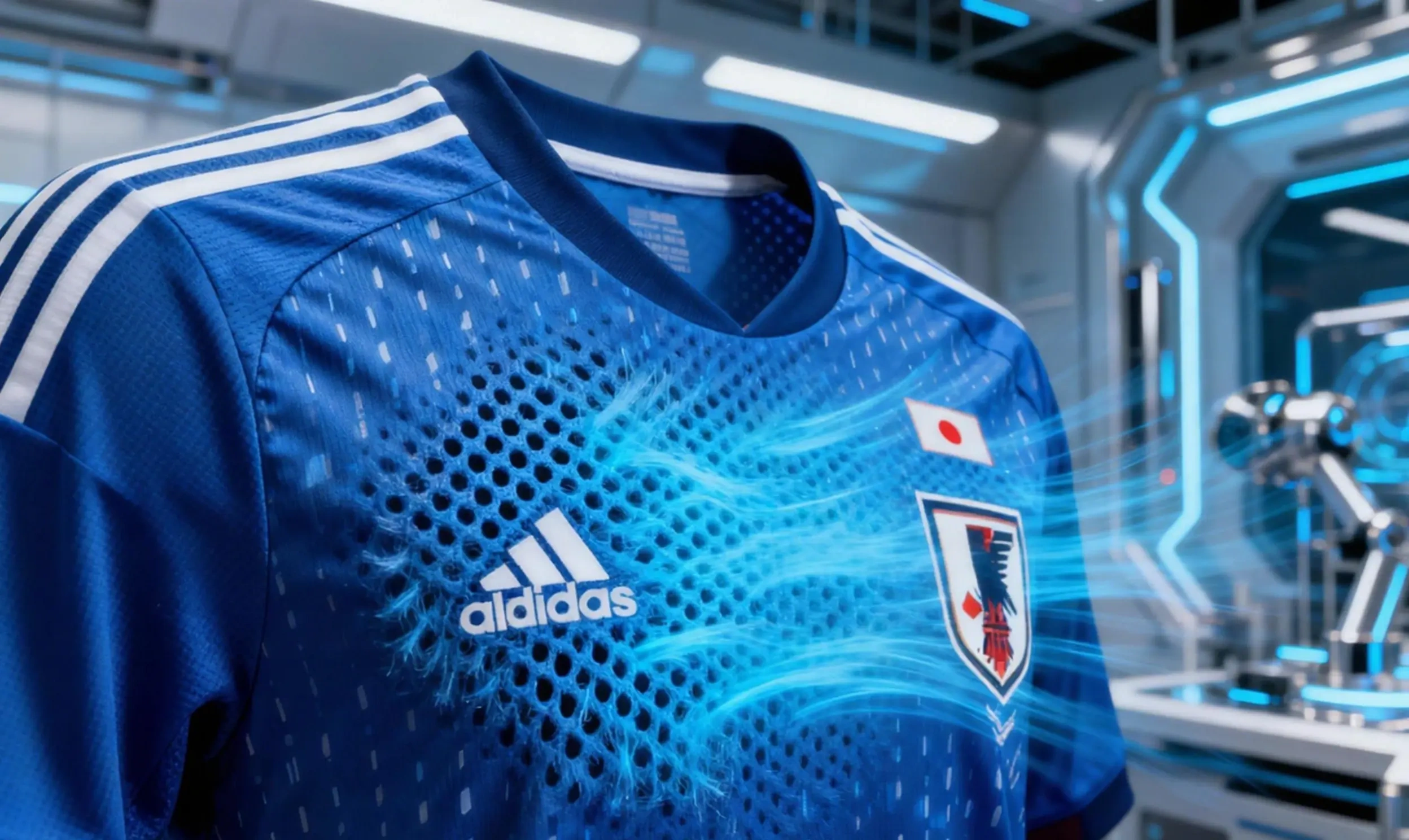 Detalle de camiseta azul de Japón, ventilación tecnológica con fuerte estilo futurista.