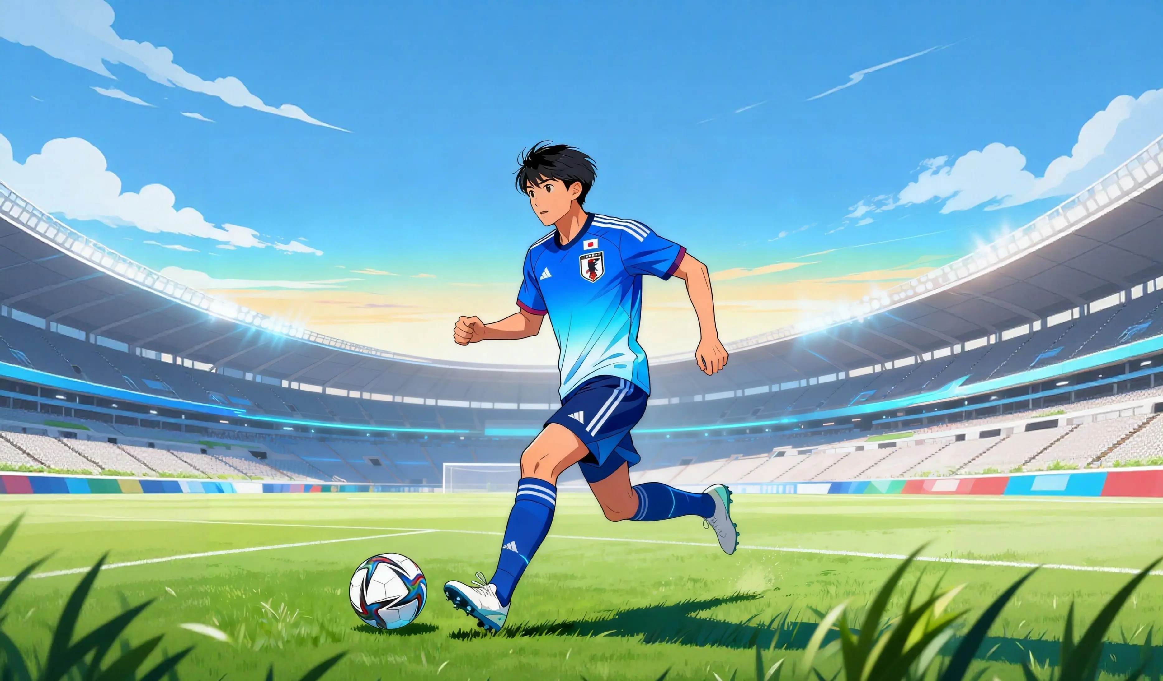 Jugadores de Japón con camiseta conceptual azul, materiales ecológicos y diseño degradado.
