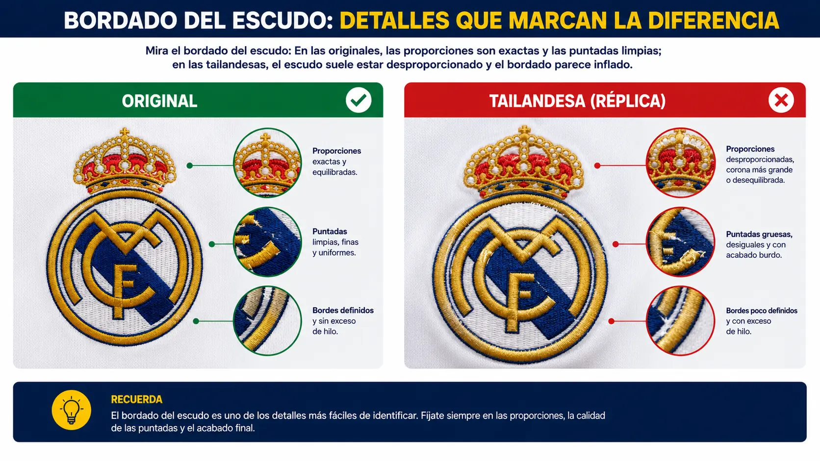 Fíjate en el bordado del escudo para distinguir la versión original de la tailandesa.