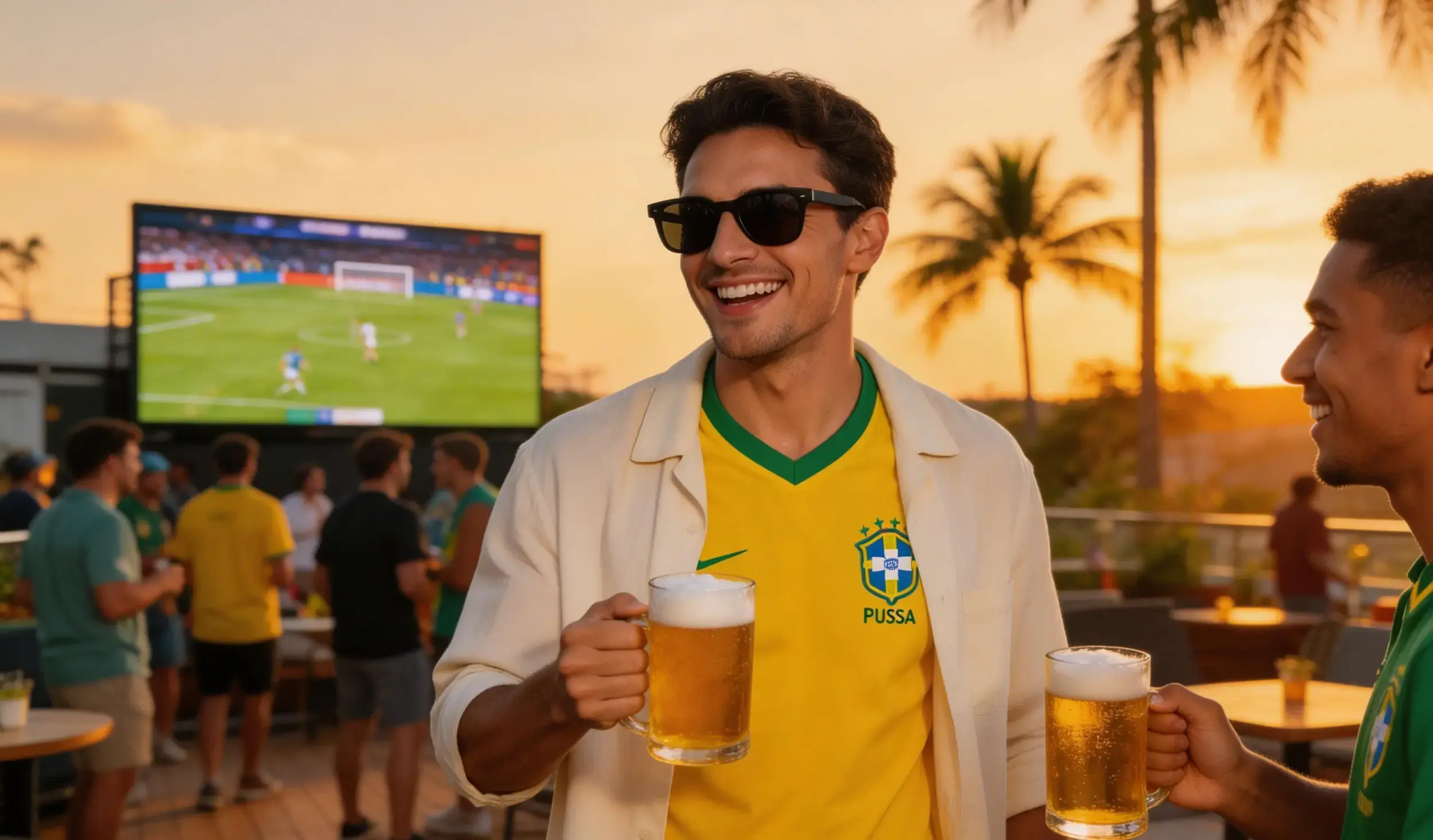 Una camiseta retro de Brasil como capa interior, con una camisa cubana color crudo abierta por encima.