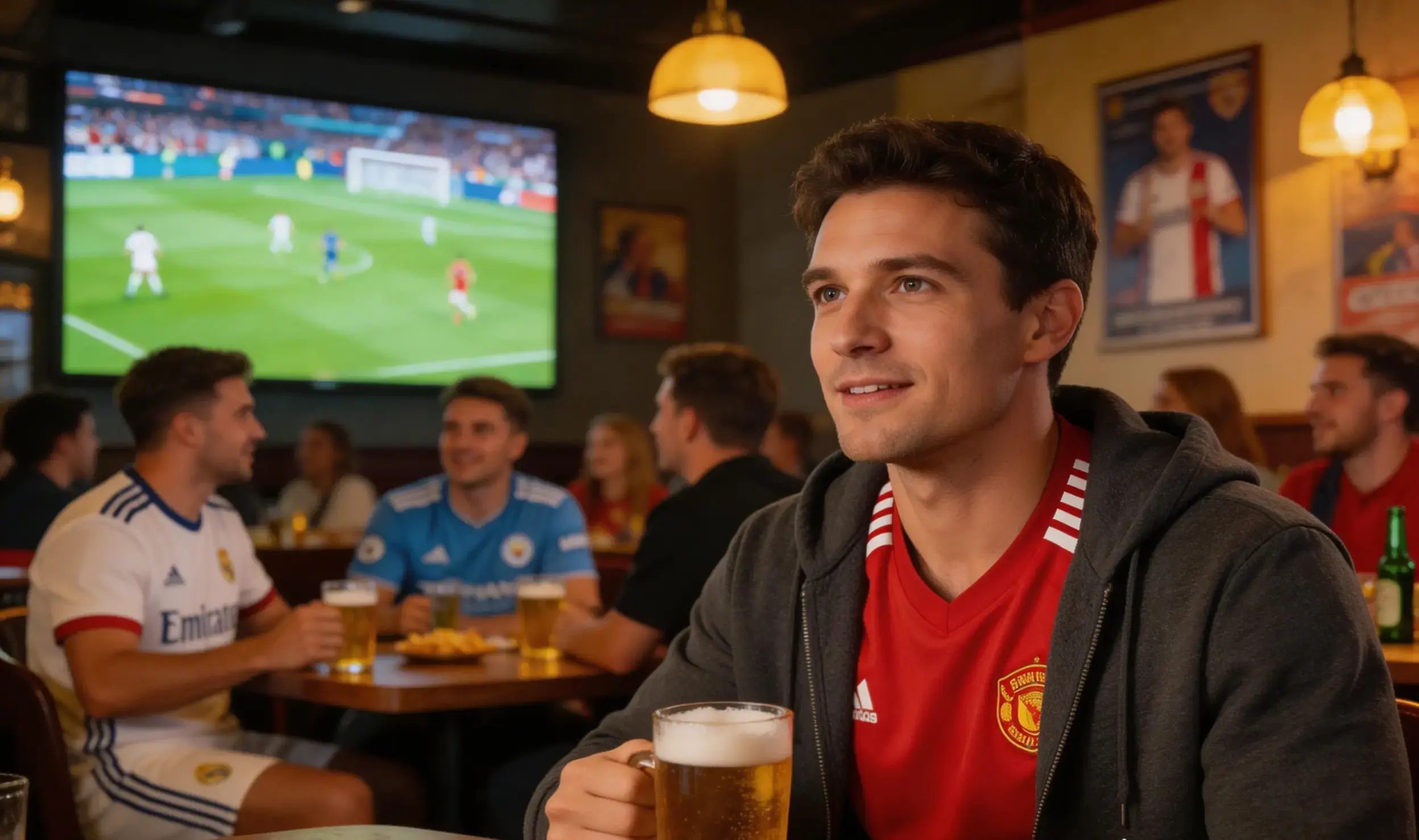 Sentado en un bar animado viendo un partido de fútbol.