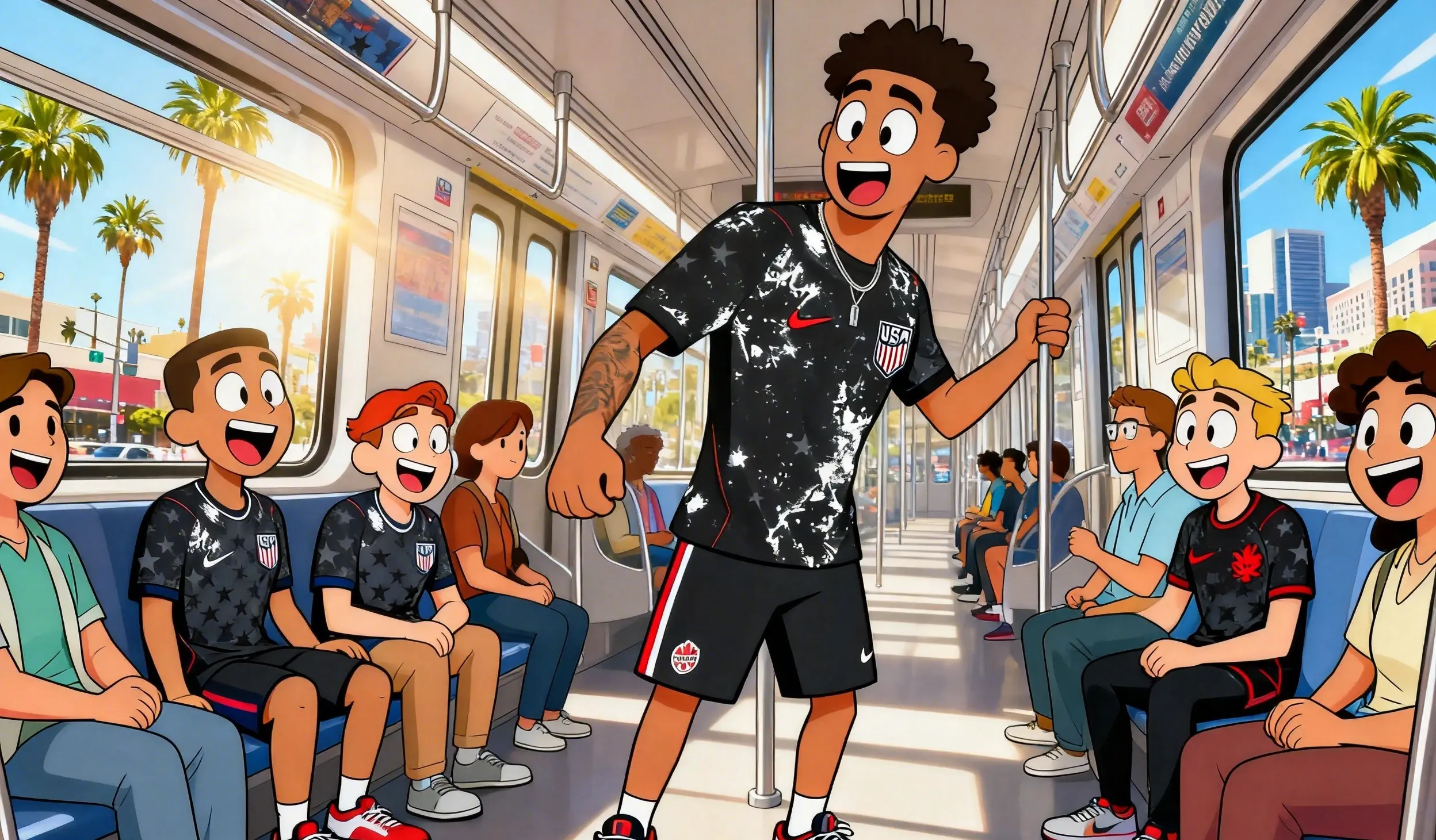 Diferentes aficionados llevan distintas camisetas de visitante mientras toman el metro.