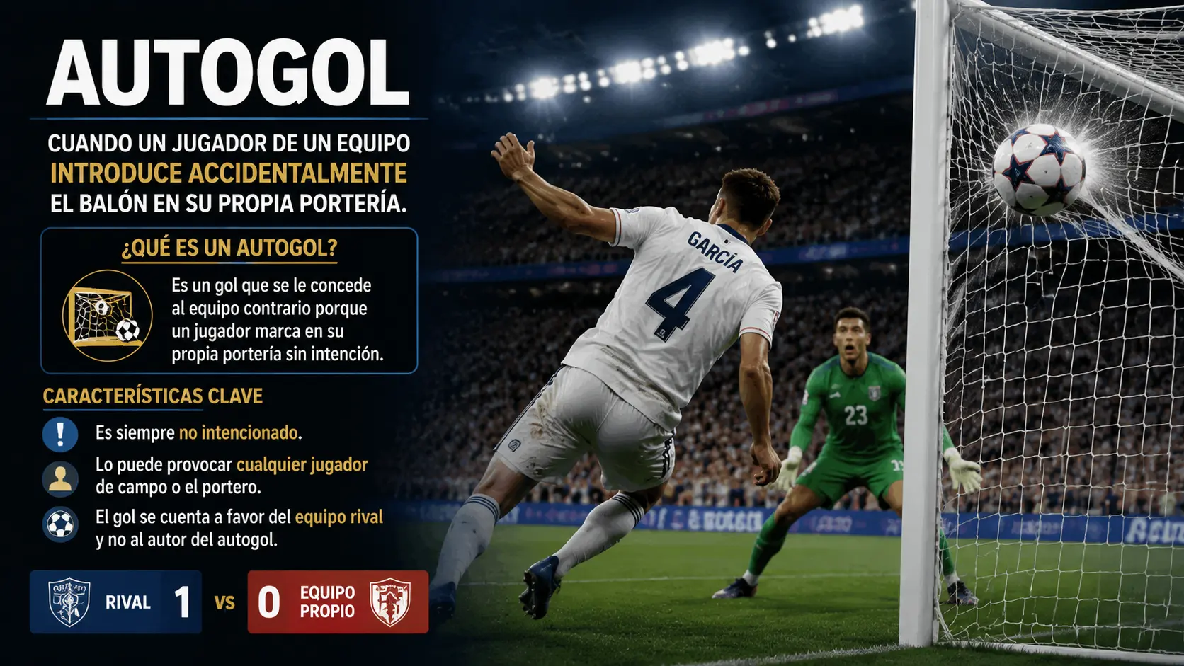 Autogol, cuando un jugador de un equipo introduce accidentalmente el balón en su propia portería.