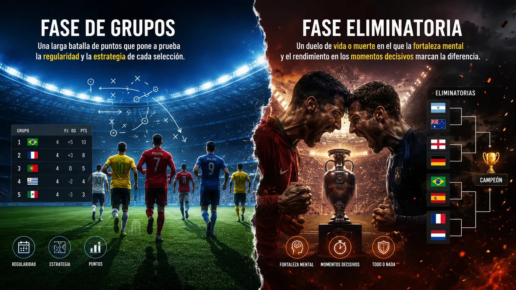 En el Mundial 2026, la fase de grupos es una larga batalla por los puntos, mientras que la fase eliminatoria es un duelo de vida o muerte.