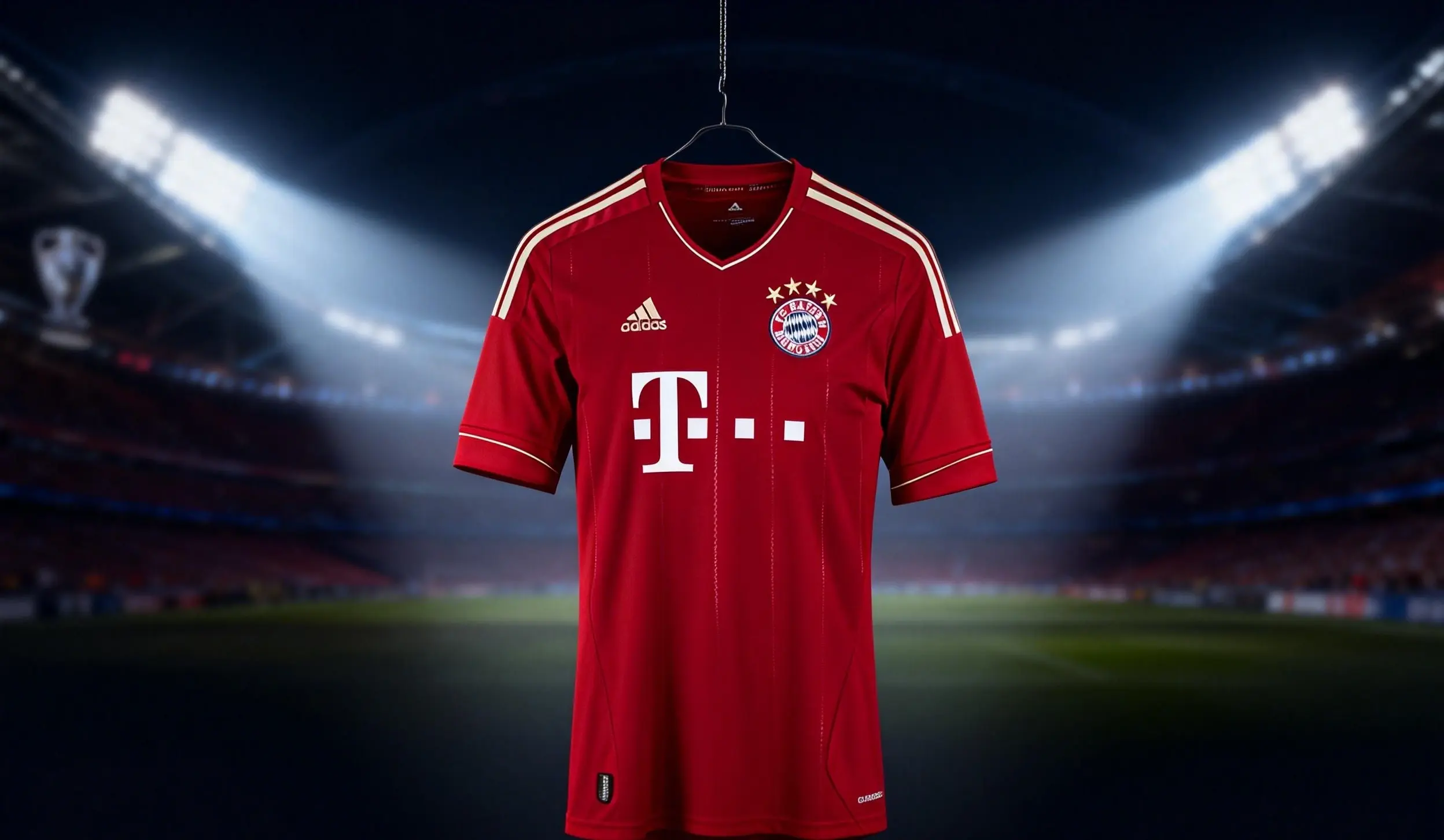 Camiseta local Bayern 2012-13 exhibida solemnemente con ambiente nocturno de Champions.