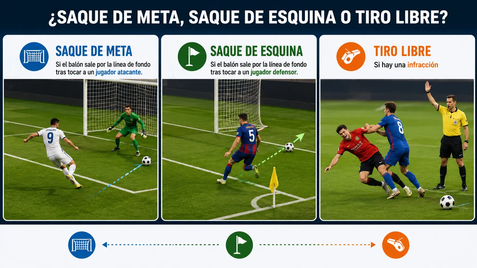 Regla para distinguir entre saque de meta, tiro libre y saque de esquina.