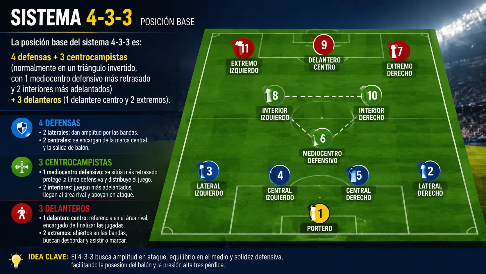 La posición base del 4-3-3 es: 4 defensas + 3 centrocampistas + 3 delanteros.